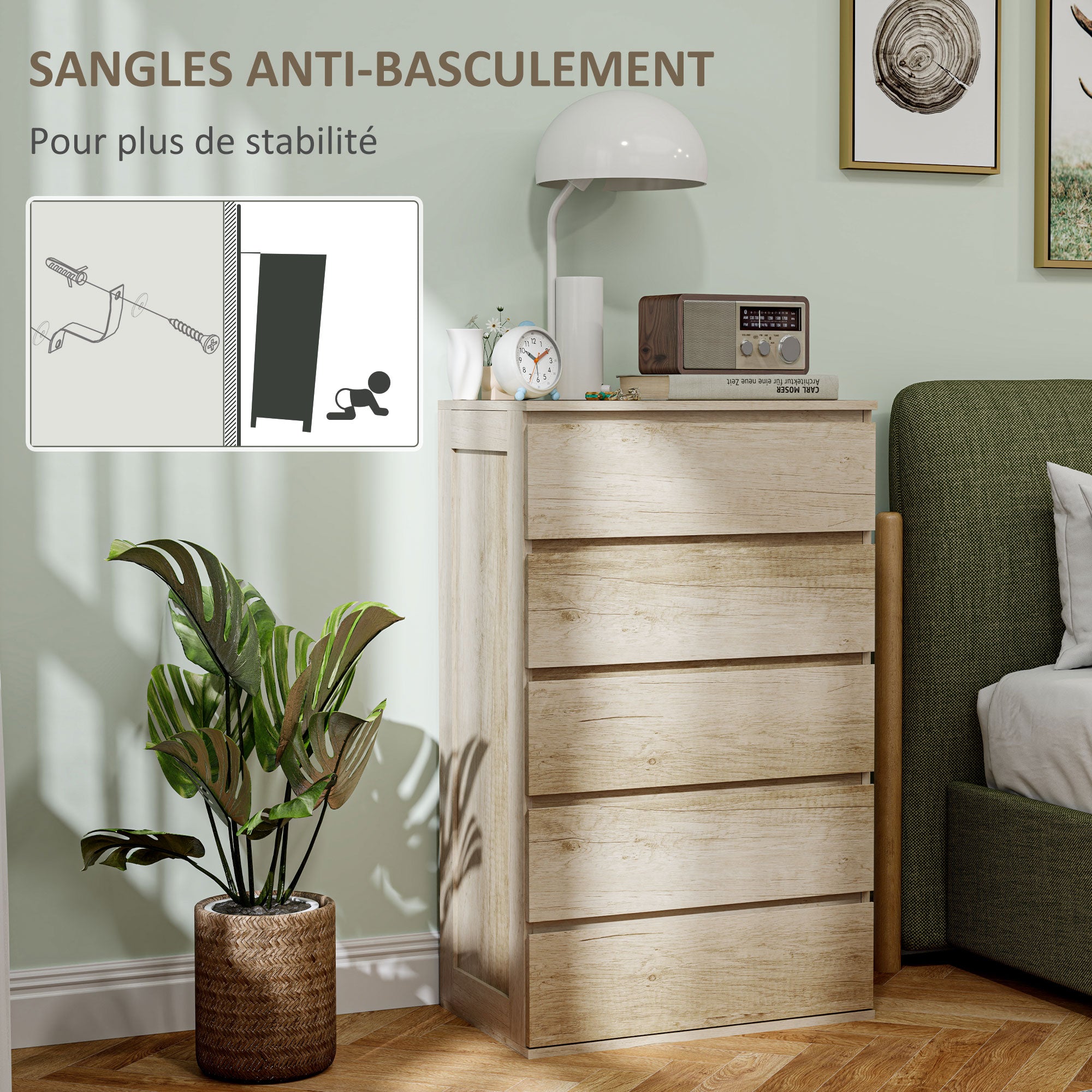 5-Drawer Chest of Drawers Bedroom Storage Unit Modern Style with Soft Close Mechanism - 60 x 38 x 100 cm, Natural Wood