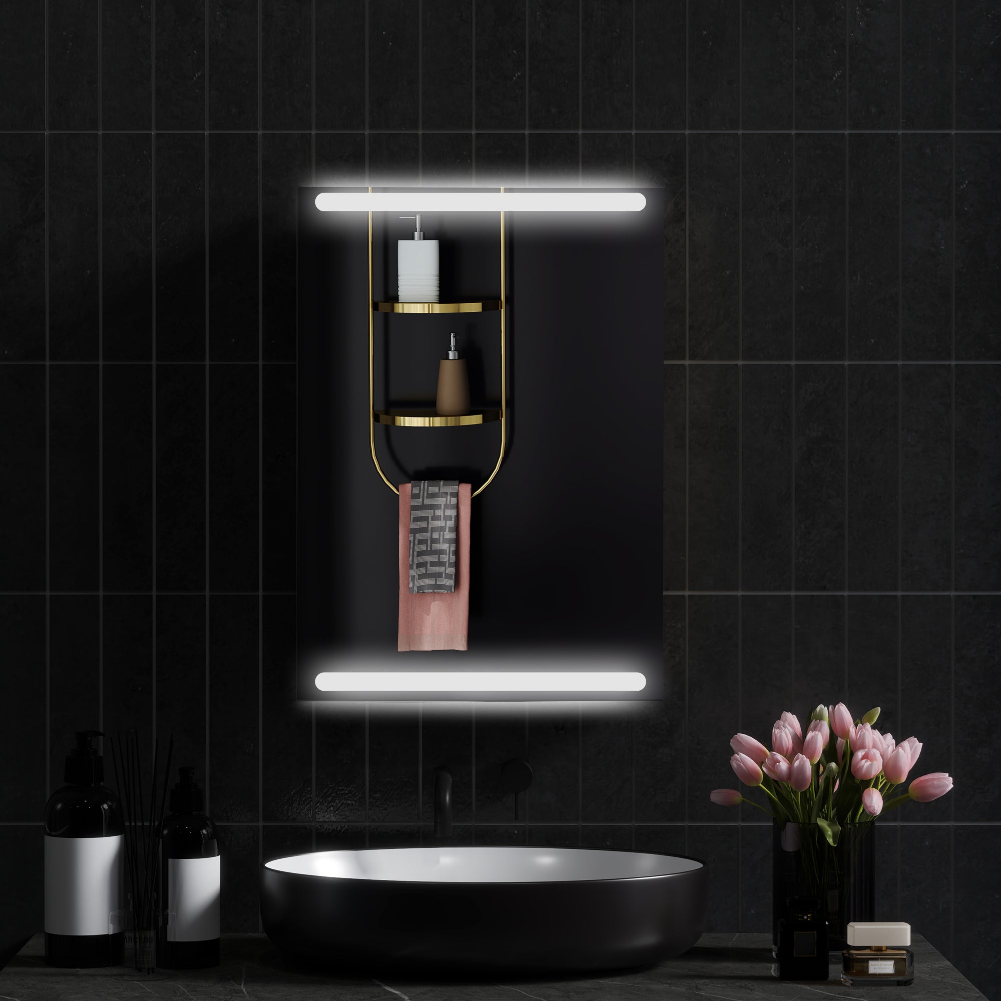 Wall Cabinet, Bathroom Furniture with Mirror, Hanging Cabinet with LED Lighting and Adjustable Glass Shelves, 50 x 12.5 x 70 cm, Natural Wood Finish