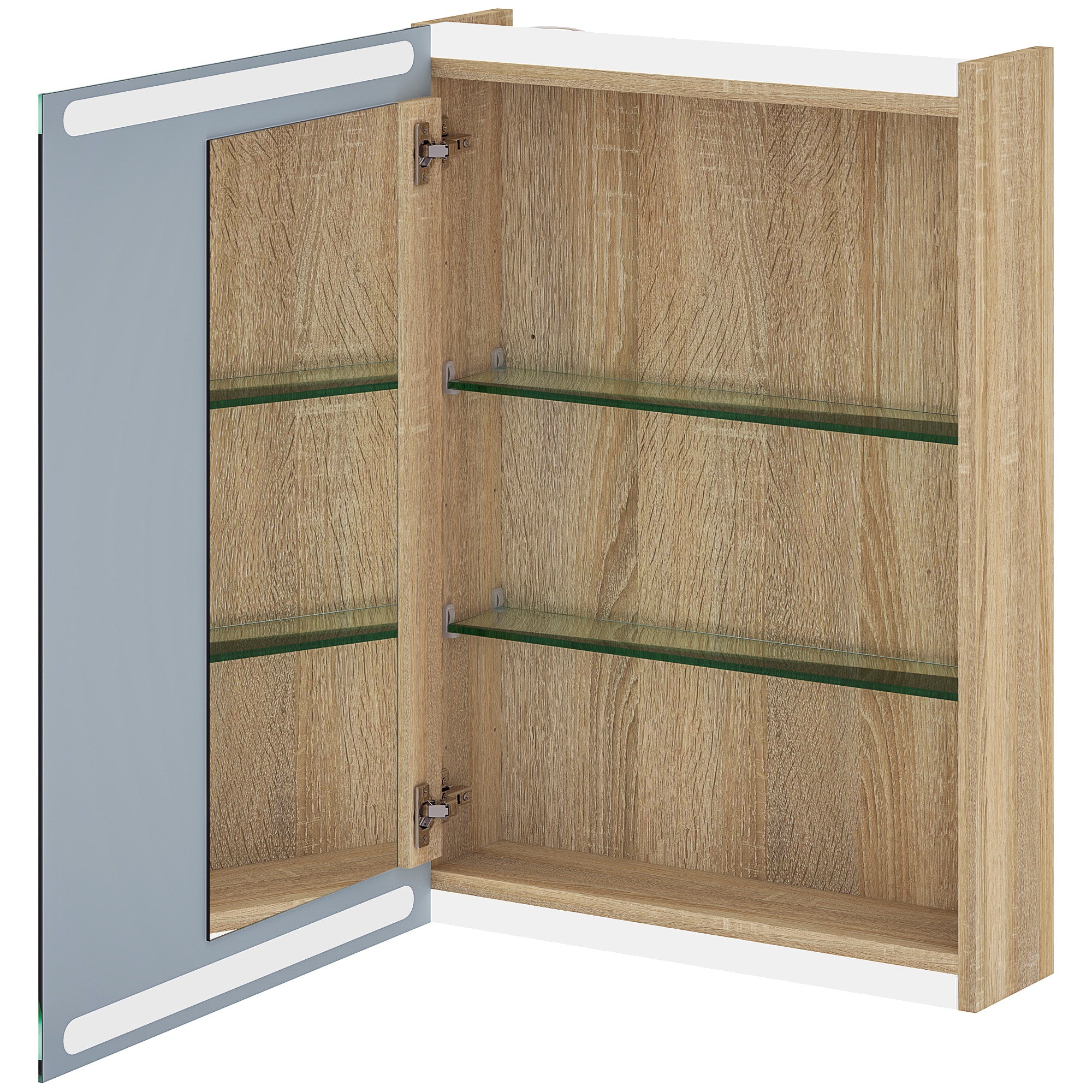 Wall Cabinet, Bathroom Furniture with Mirror, Hanging Cabinet with LED Lighting and Adjustable Glass Shelves, 50 x 12.5 x 70 cm, Natural Wood Finish