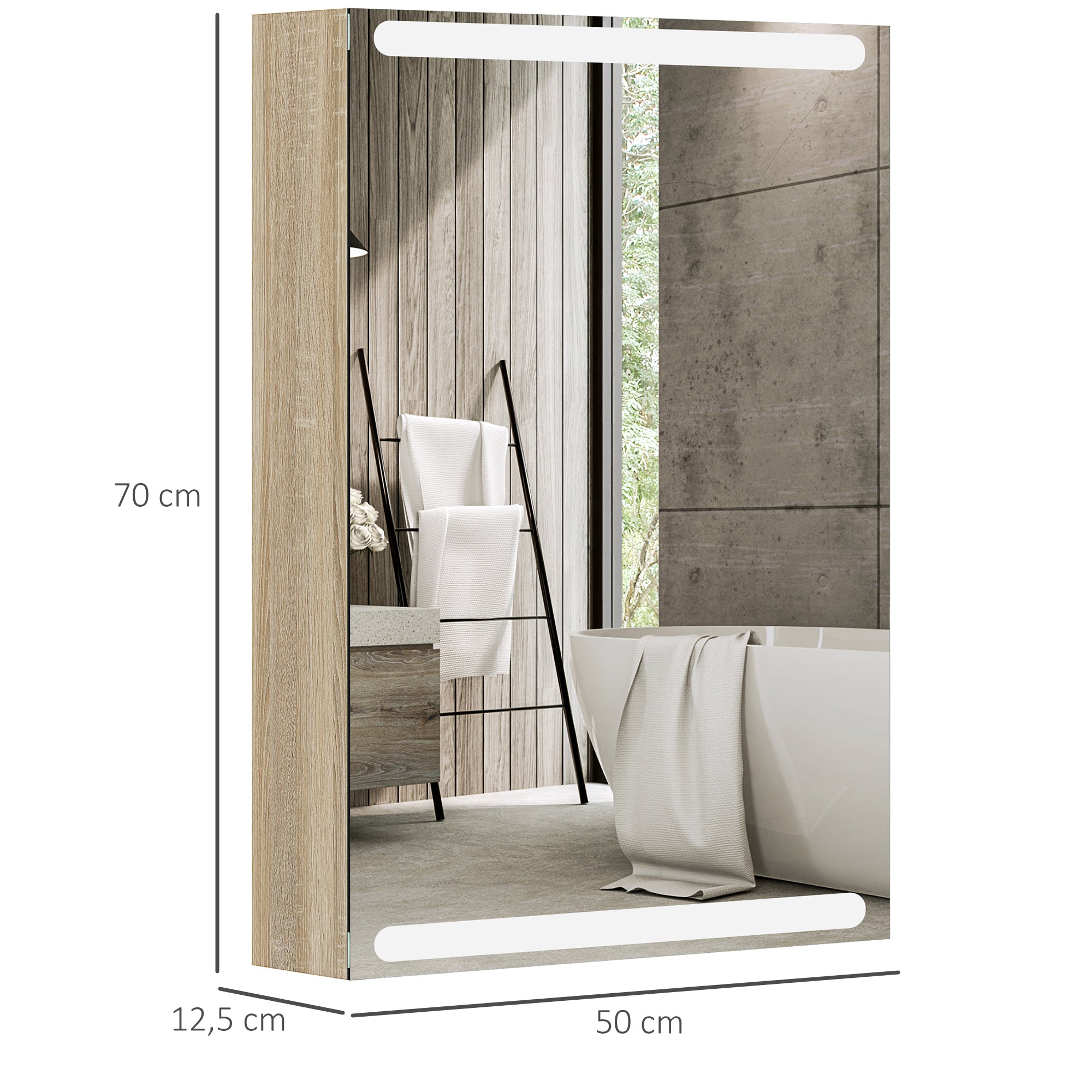 Wall Cabinet, Bathroom Furniture with Mirror, Hanging Cabinet with LED Lighting and Adjustable Glass Shelves, 50 x 12.5 x 70 cm, Natural Wood Finish