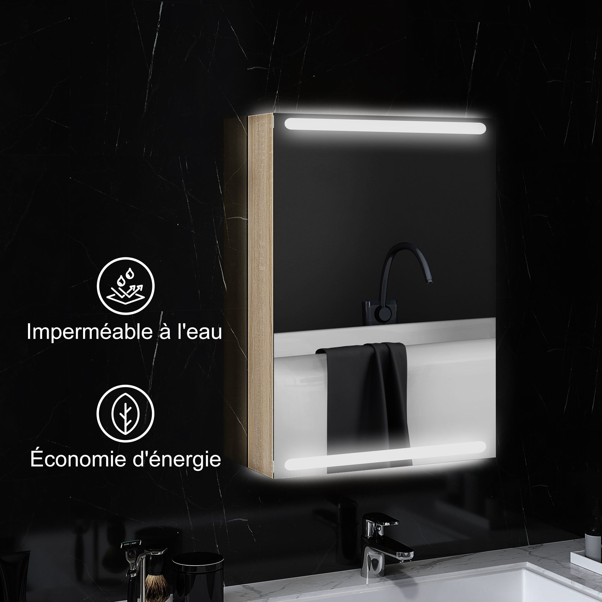 Wall Cabinet, Bathroom Furniture with Mirror, Hanging Cabinet with LED Lighting and Adjustable Glass Shelves, 50 x 12.5 x 70 cm, Natural Wood Finish