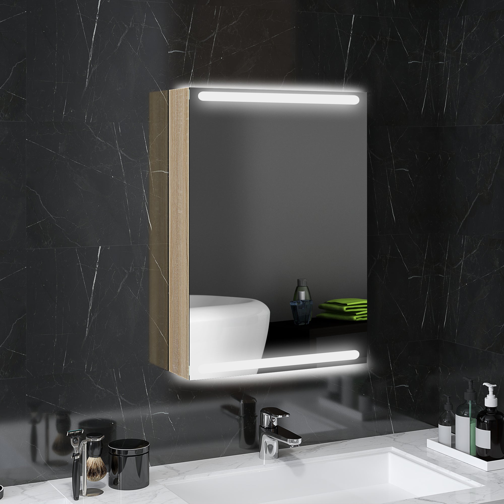 Wall Cabinet, Bathroom Furniture with Mirror, Hanging Cabinet with LED Lighting and Adjustable Glass Shelves, 50 x 12.5 x 70 cm, Natural Wood Finish