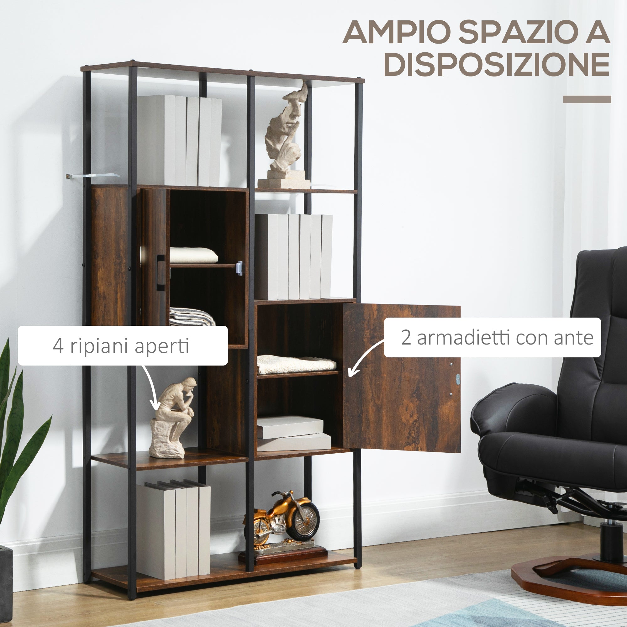 Modern Industrial Style Bookcase with 4 Shelves and 2 Cabinets, Metal and Wood Shelf for Home and Office, 90x30x159.5cm, Black and Rustic Brown