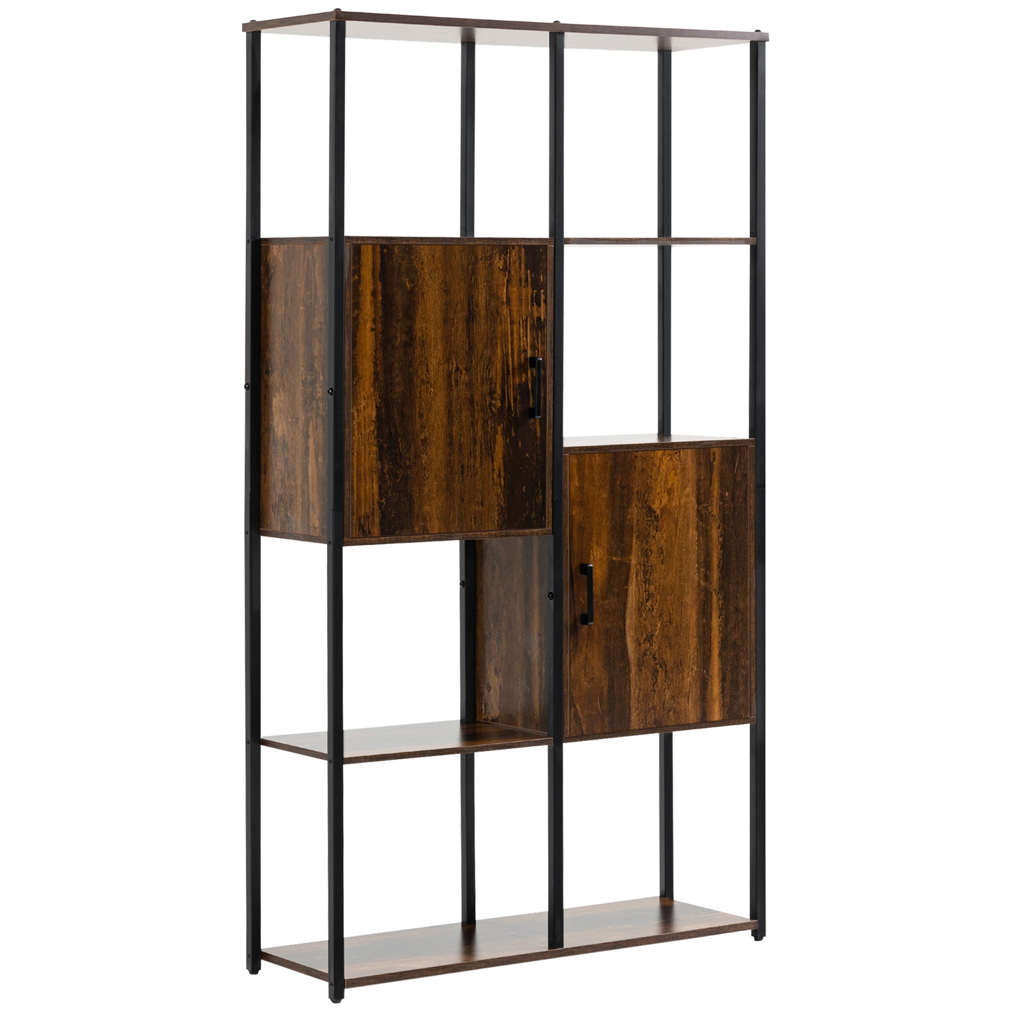 Modern Industrial Style Bookcase with 4 Shelves and 2 Cabinets, Metal and Wood Shelf for Home and Office, 90x30x159.5cm, Black and Rustic Brown