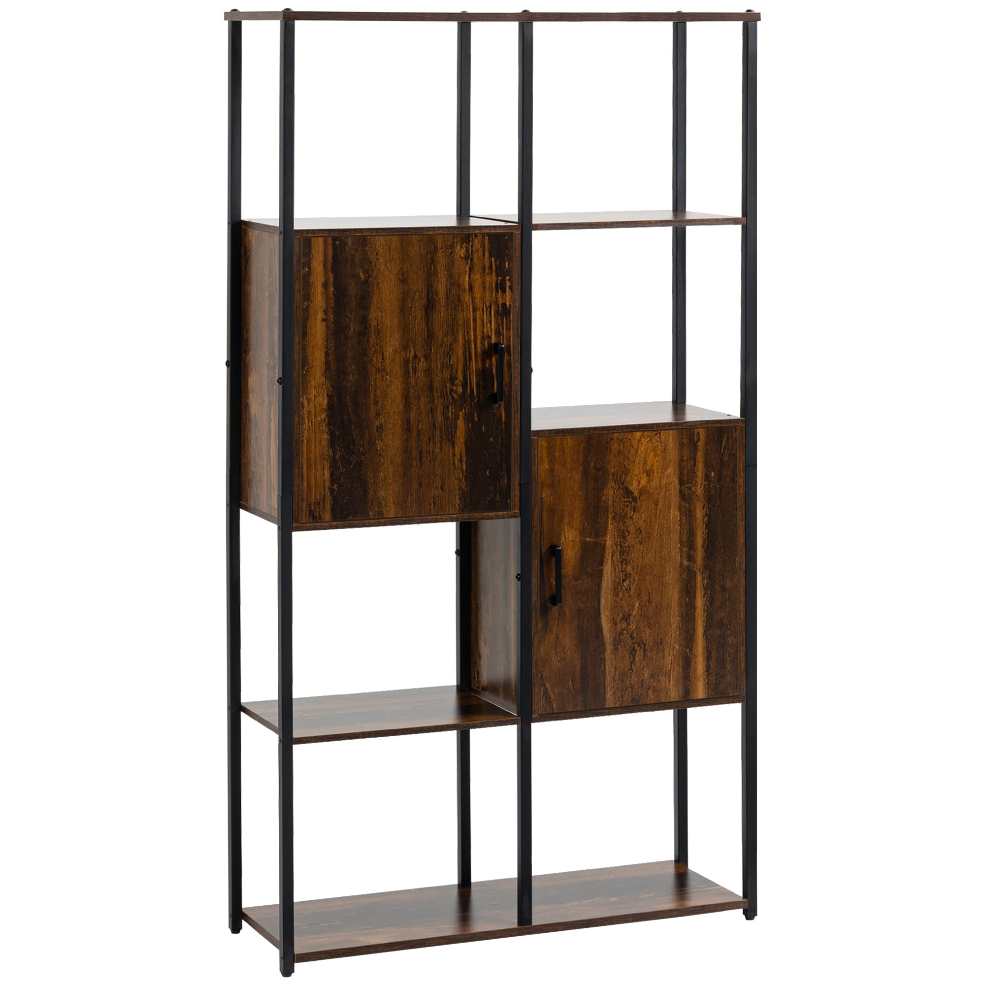 Modern Industrial Style Bookcase with 4 Shelves and 2 Cabinets, Metal and Wood Shelf for Home and Office, 90x30x159.5cm, Black and Rustic Brown