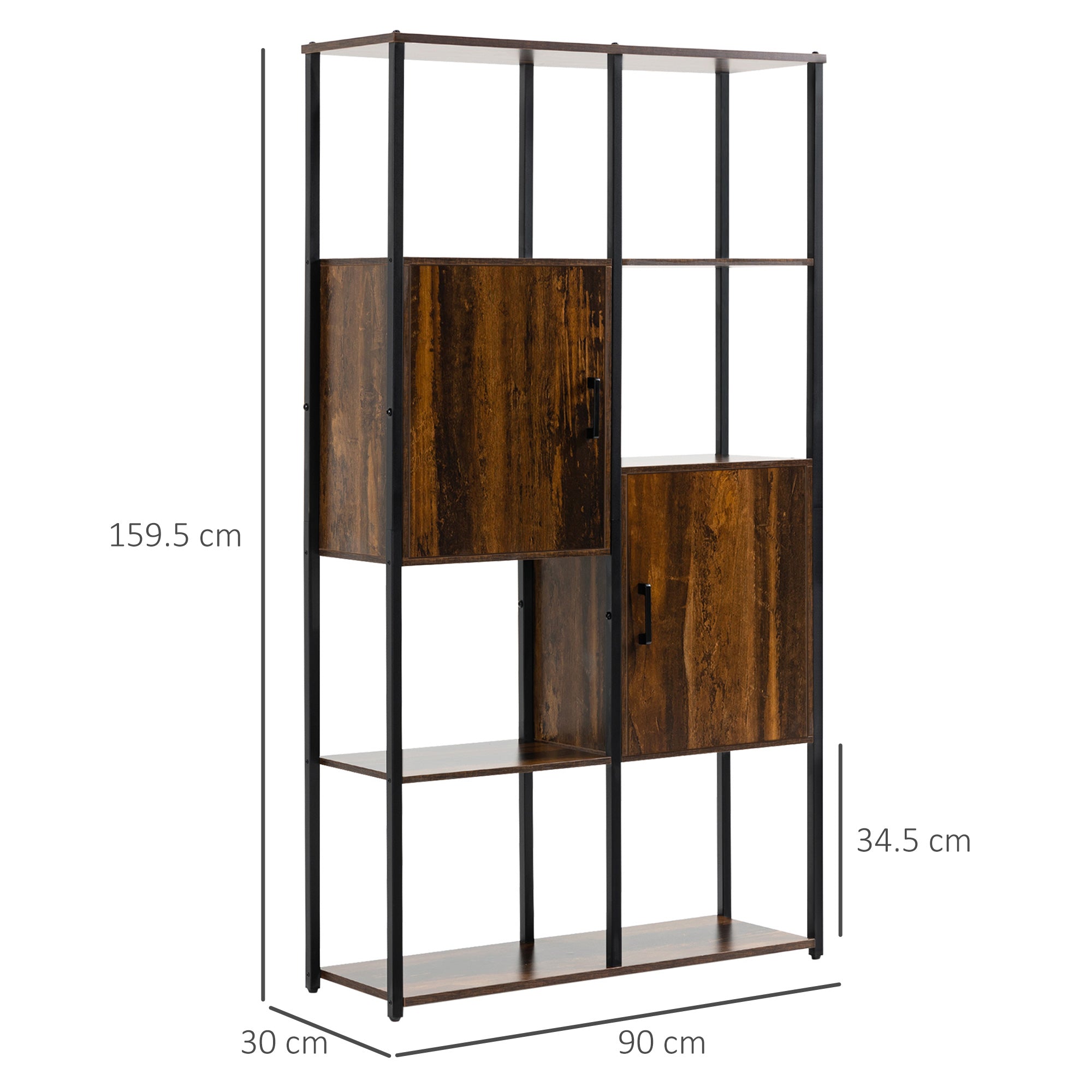 Modern Industrial Style Bookcase with 4 Shelves and 2 Cabinets, Metal and Wood Shelf for Home and Office, 90x30x159.5cm, Black and Rustic Brown