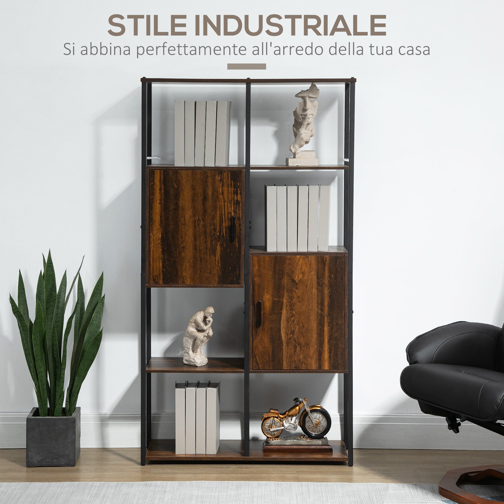 Modern Industrial Style Bookcase with 4 Shelves and 2 Cabinets, Metal and Wood Shelf for Home and Office, 90x30x159.5cm, Black and Rustic Brown