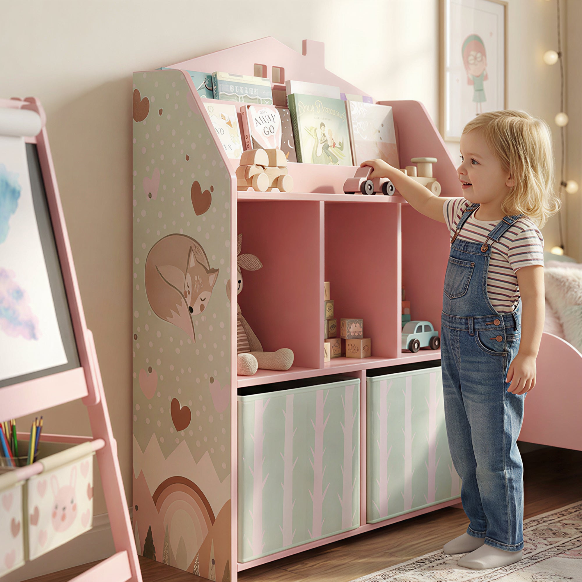 Kids Toy Shelf with Fabric Drawers, Open Shelves & Fox Design — Toy Organizer for Bedroom, Playroom, Nursery, Pink