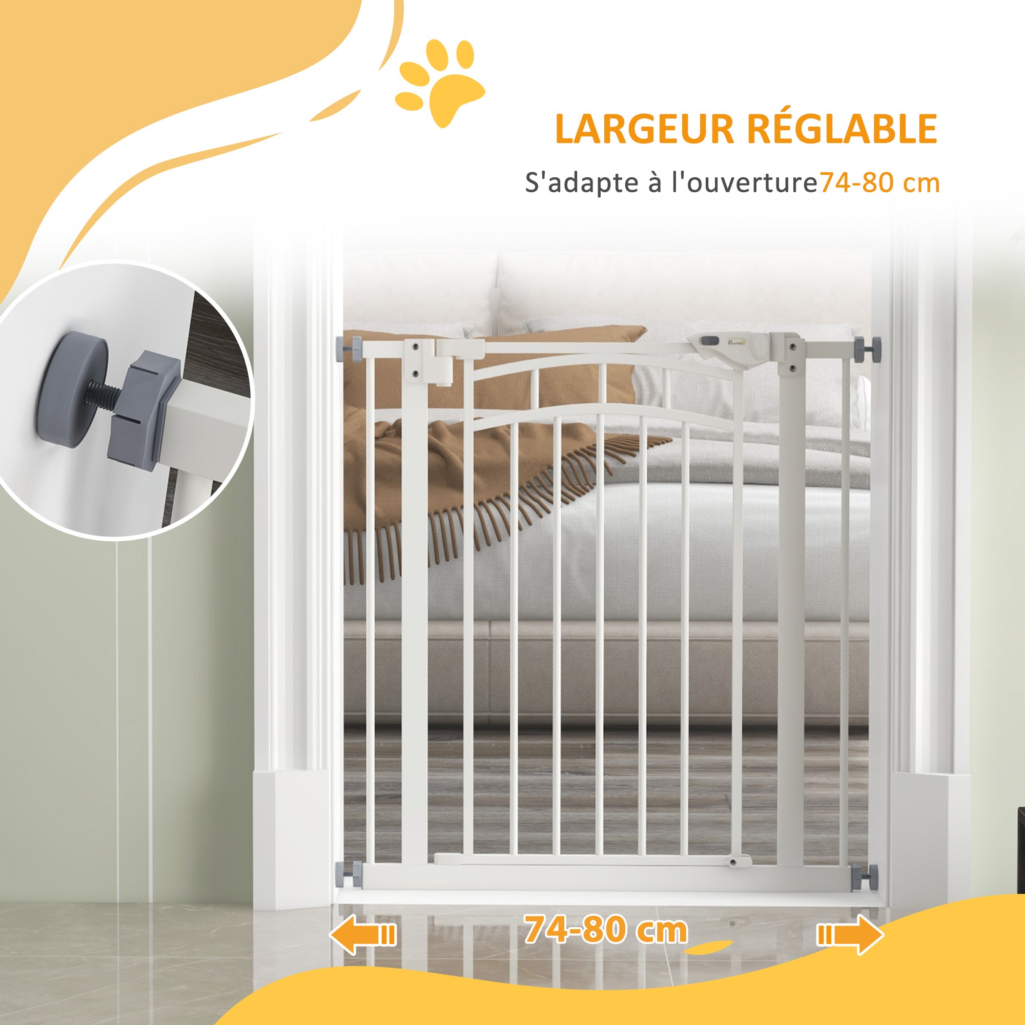 Expandable Dog Safety Gate 74-80 cm, double locking, auto-close, pressure mount stair gate, height 76 cm, white