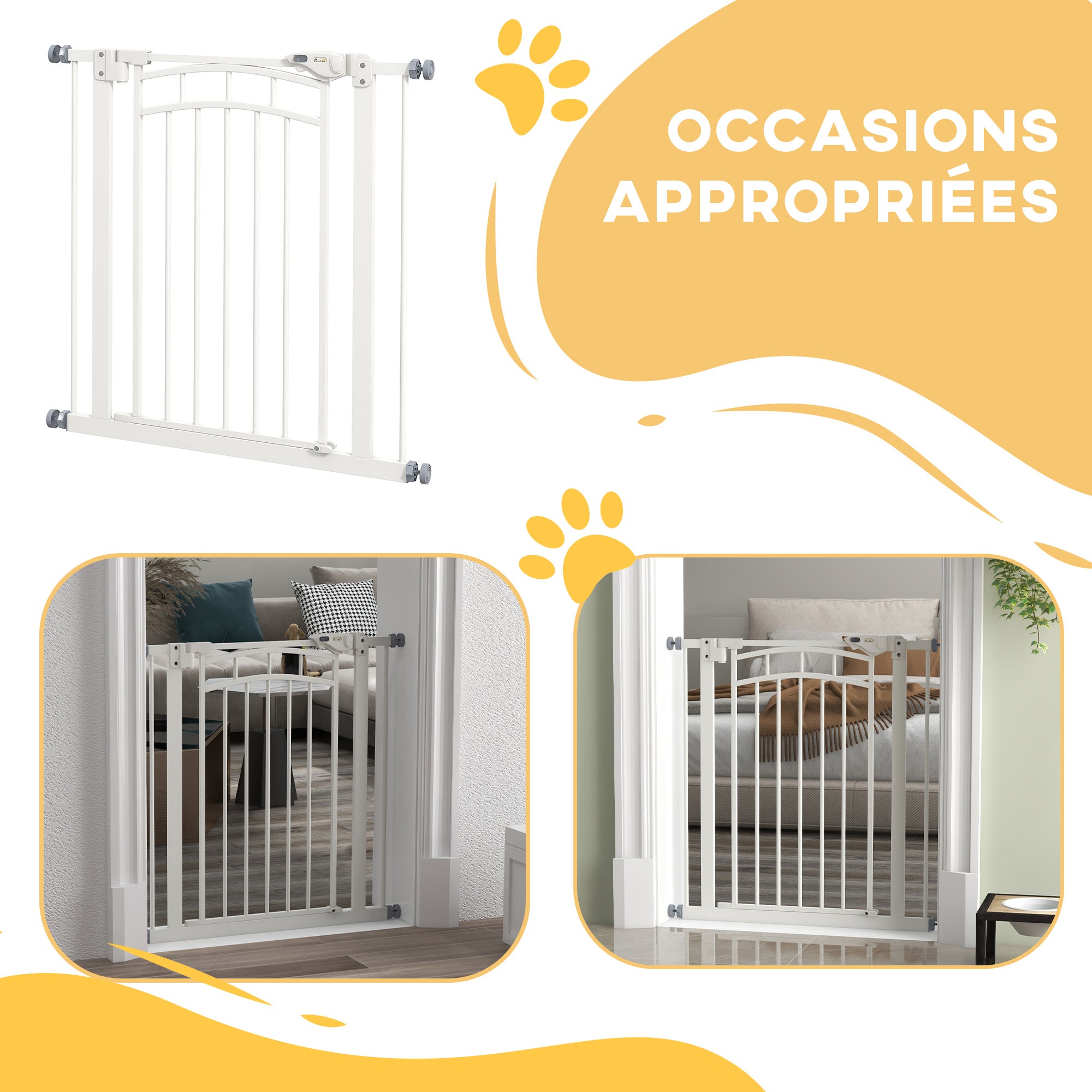 Expandable Dog Safety Gate 74-80 cm, double locking, auto-close, pressure mount stair gate, height 76 cm, white