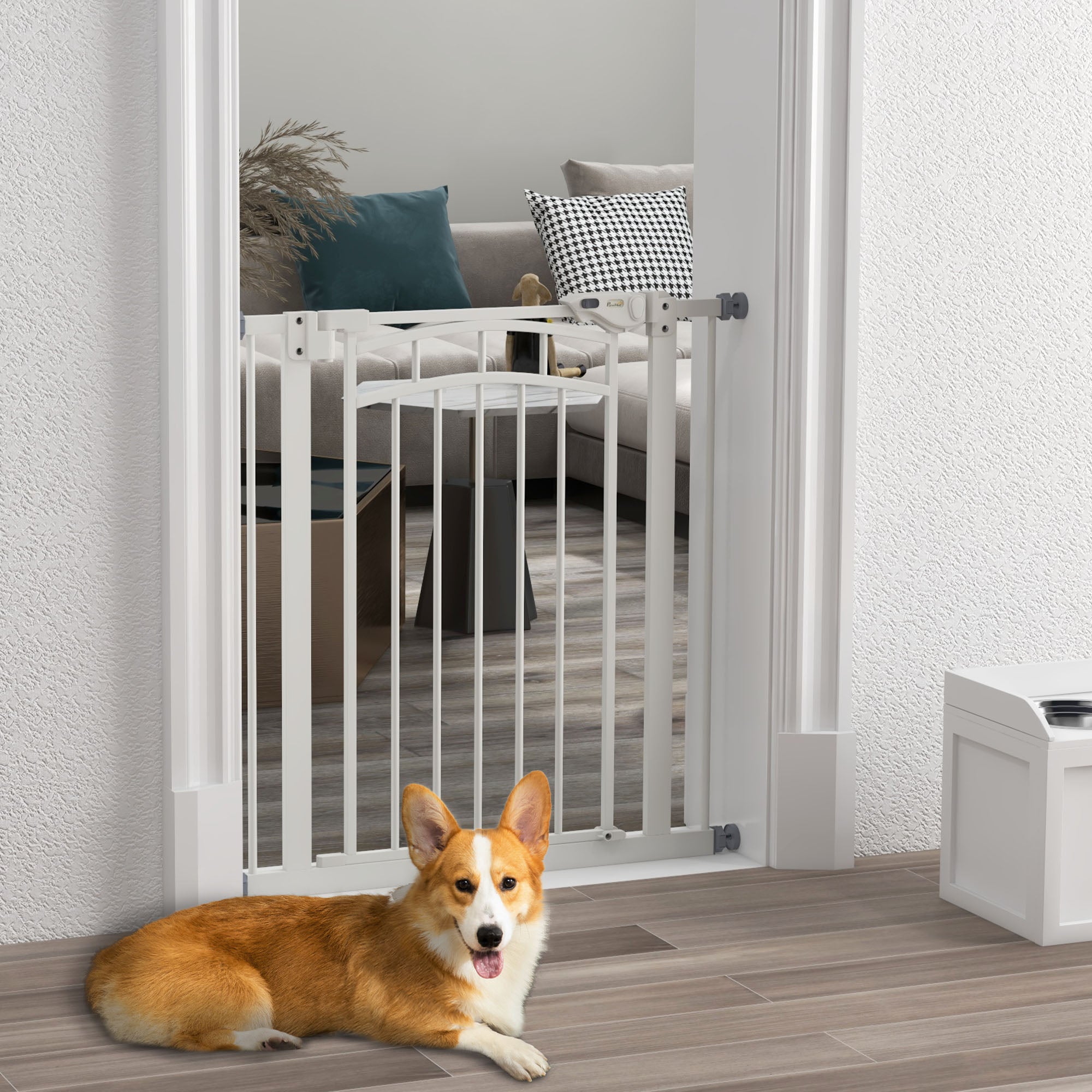 Expandable Dog Safety Gate 74-80 cm, double locking, auto-close, pressure mount stair gate, height 76 cm, white