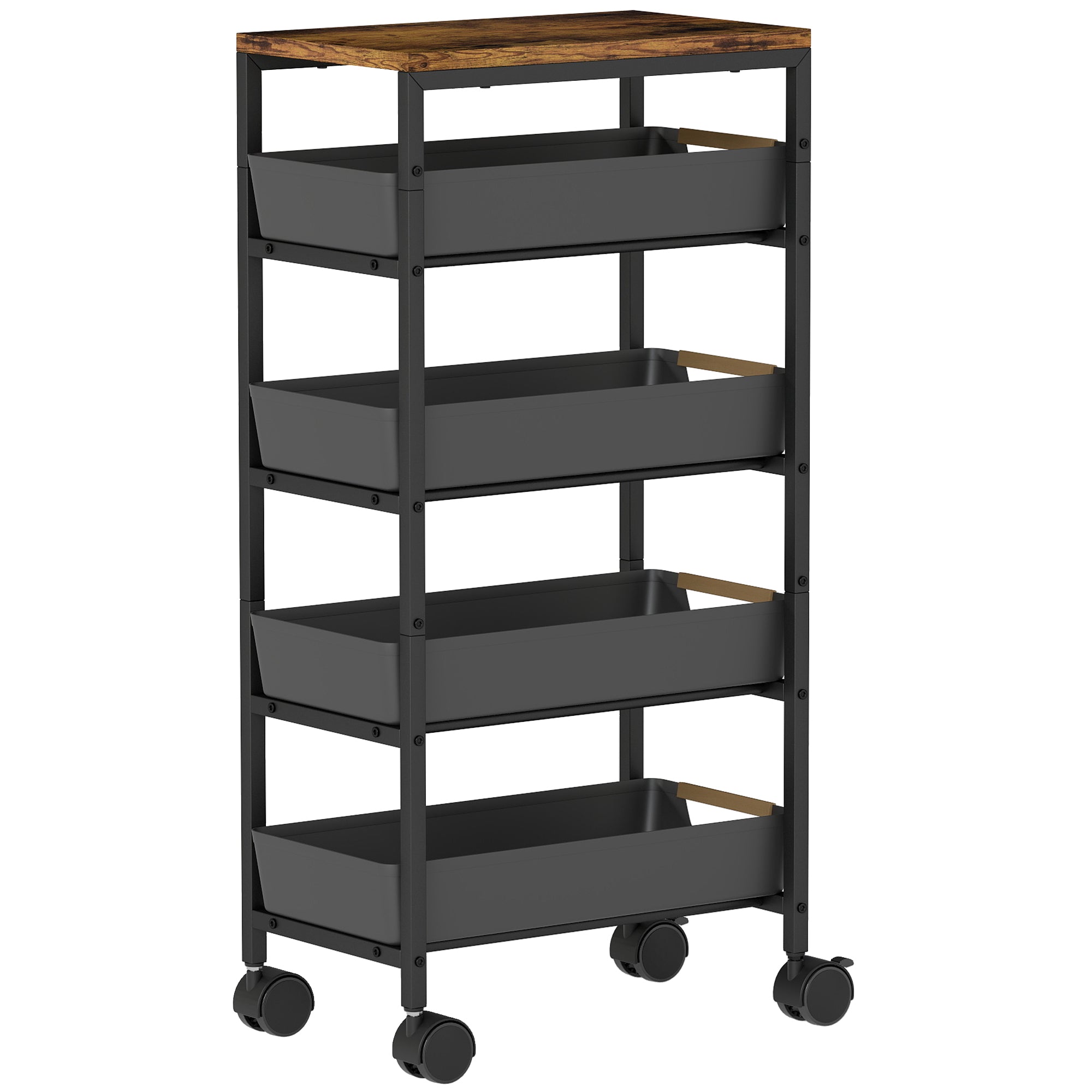 5-Level Kitchen Storage Cart Utility Cart with Wheels Wood-Effect Board and 4 Removable Drawers Kitchen Cart for Dining Room Living Room 39.5x24x82 cm Black