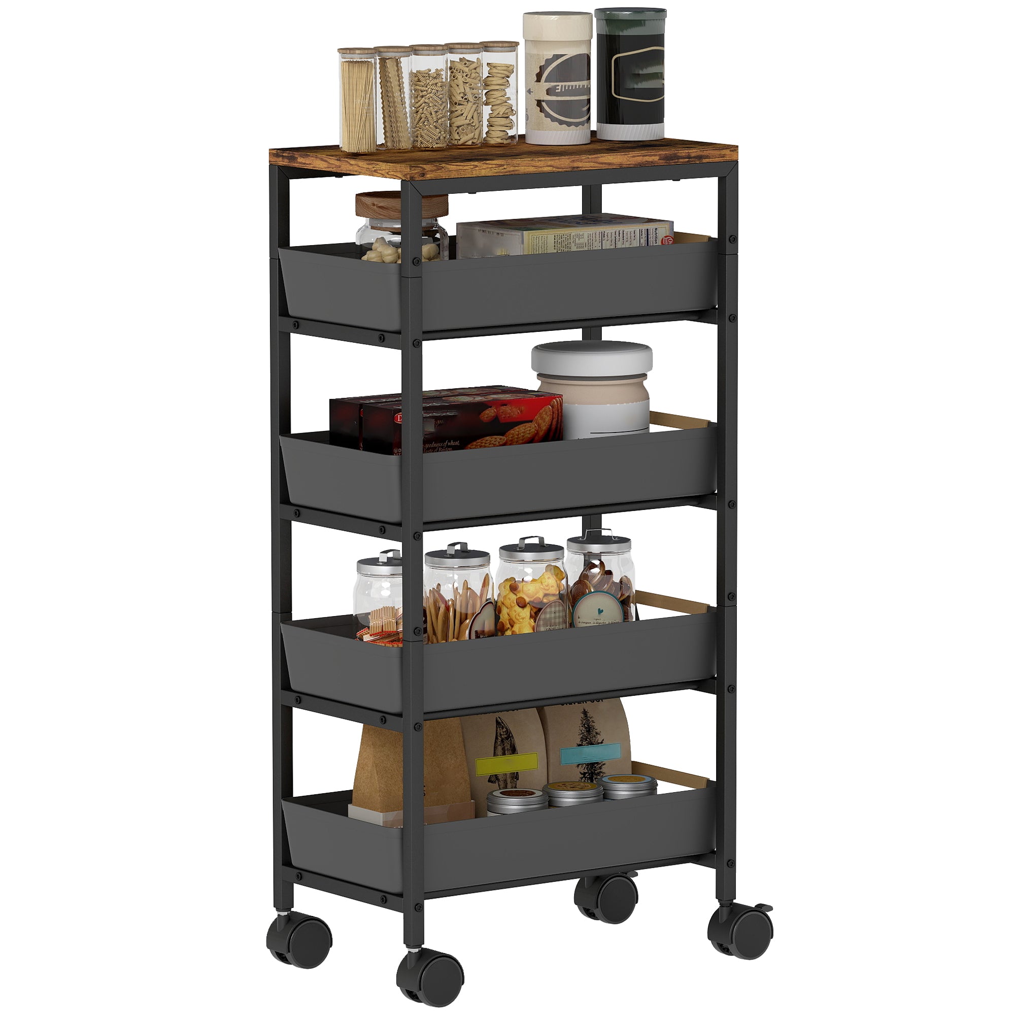 5-Level Kitchen Storage Cart Utility Cart with Wheels Wood-Effect Board and 4 Removable Drawers Kitchen Cart for Dining Room Living Room 39.5x24x82 cm Black