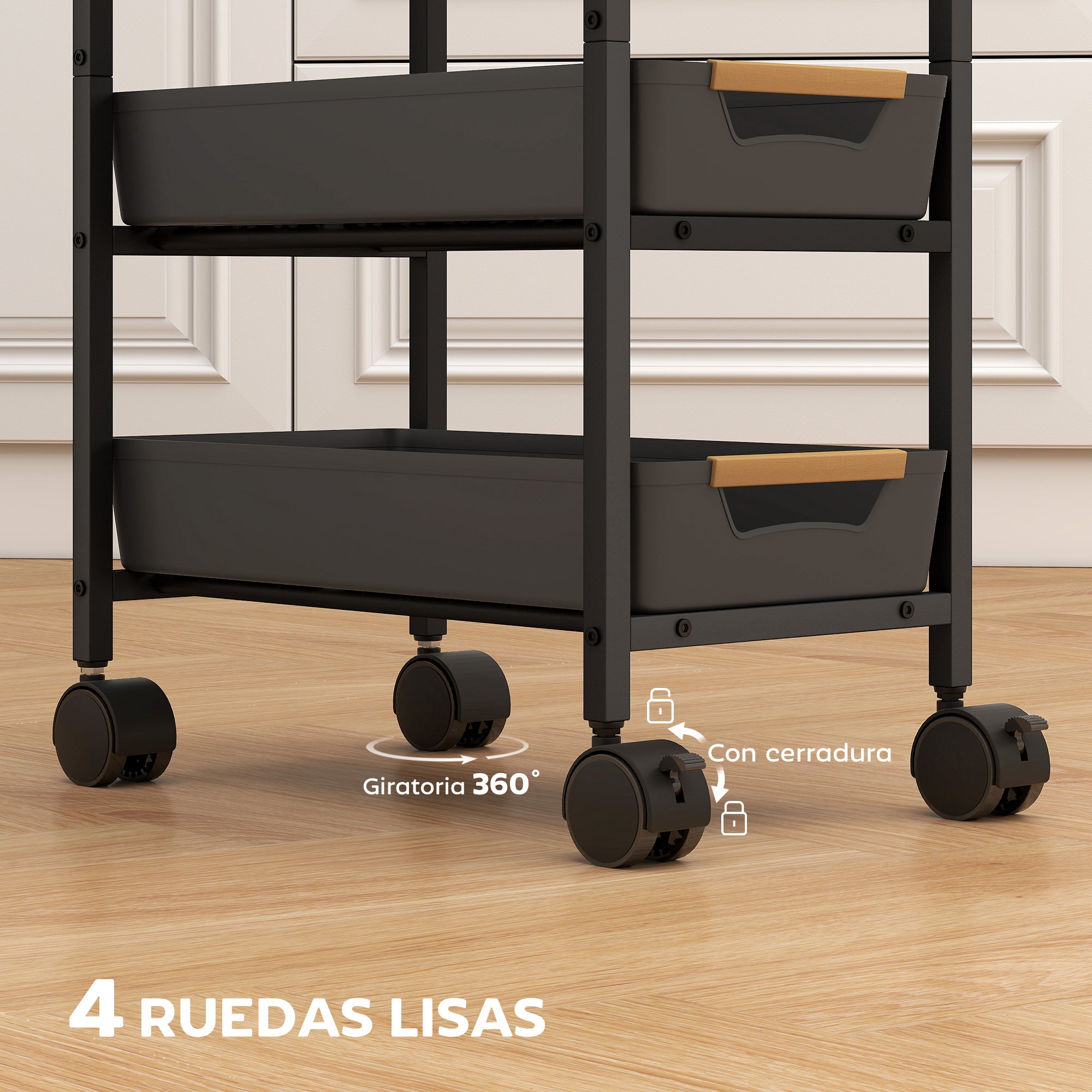5-Level Kitchen Storage Cart Utility Cart with Wheels Wood-Effect Board and 4 Removable Drawers Kitchen Cart for Dining Room Living Room 39.5x24x82 cm Black