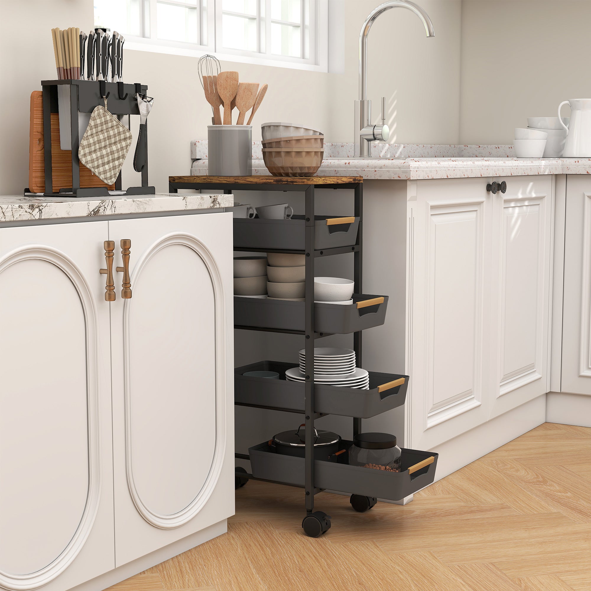 5-Level Kitchen Storage Cart Utility Cart with Wheels Wood-Effect Board and 4 Removable Drawers Kitchen Cart for Dining Room Living Room 39.5x24x82 cm Black