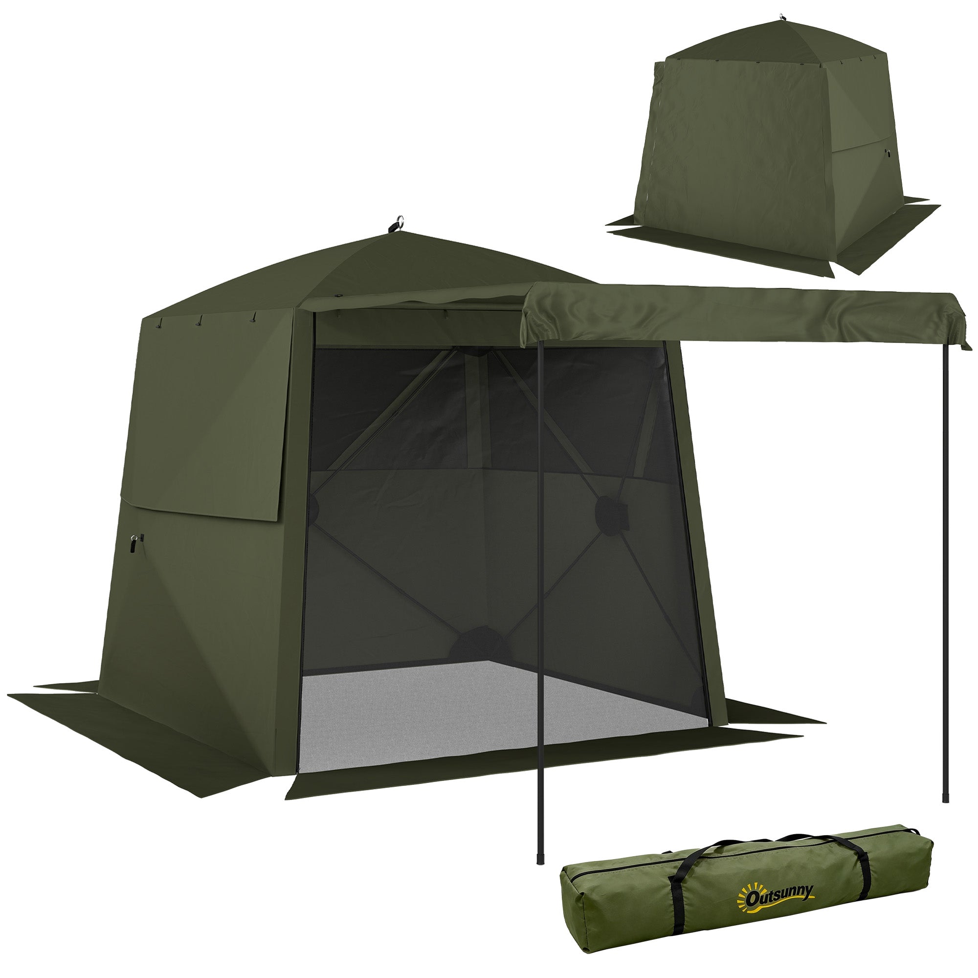 2 x 2 m (6.6 x 6.6 ft) Waterproof, Stable All-Season Pop-Up Gazebo — 4 Side Panels, Mesh Windows, Extendable Front Awning, UPF 30+, Foldable Party & Garden Tent — Green