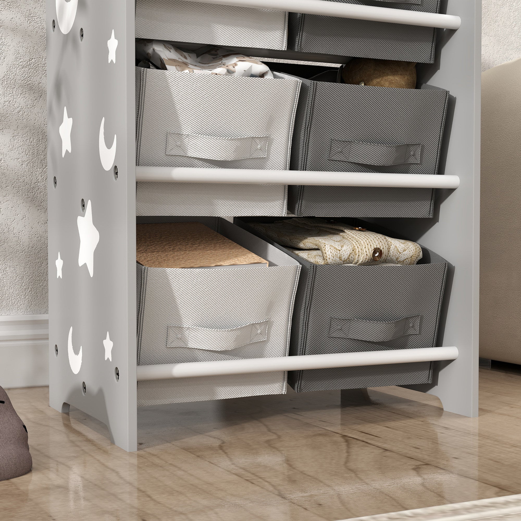 Kids' Bookshelf for Children 3+ Toy Shelf with 6 Removable Non-Woven Fabric Boxes Toy Organizer for Bedroom Nursery 43x30x60 cm Gray