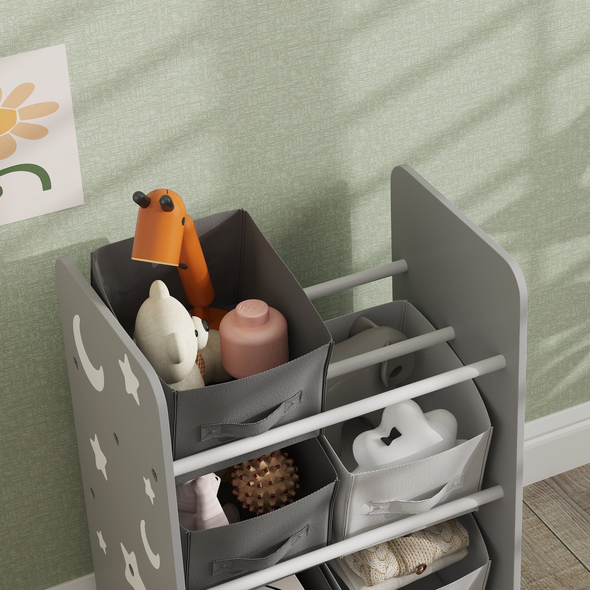 Kids' Bookshelf for Children 3+ Toy Shelf with 6 Removable Non-Woven Fabric Boxes Toy Organizer for Bedroom Nursery 43x30x60 cm Gray