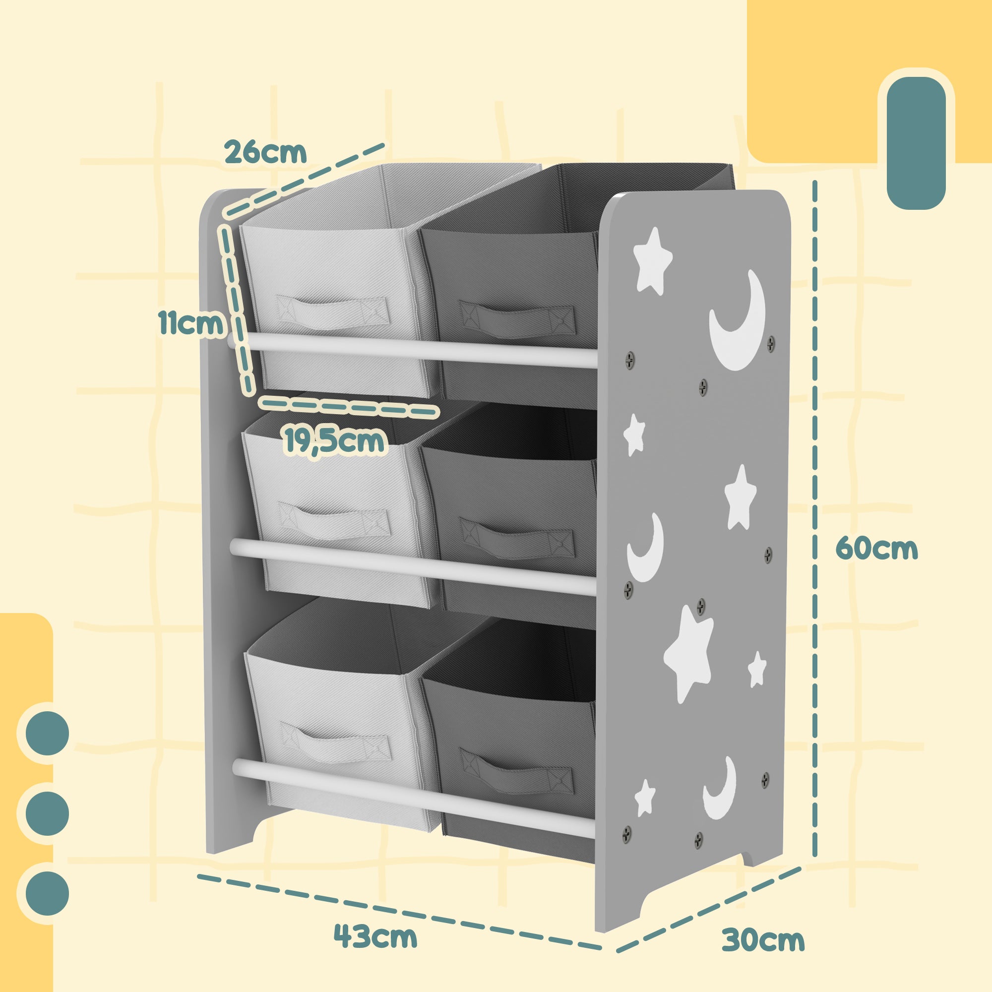 Kids' Bookshelf for Children 3+ Toy Shelf with 6 Removable Non-Woven Fabric Boxes Toy Organizer for Bedroom Nursery 43x30x60 cm Gray