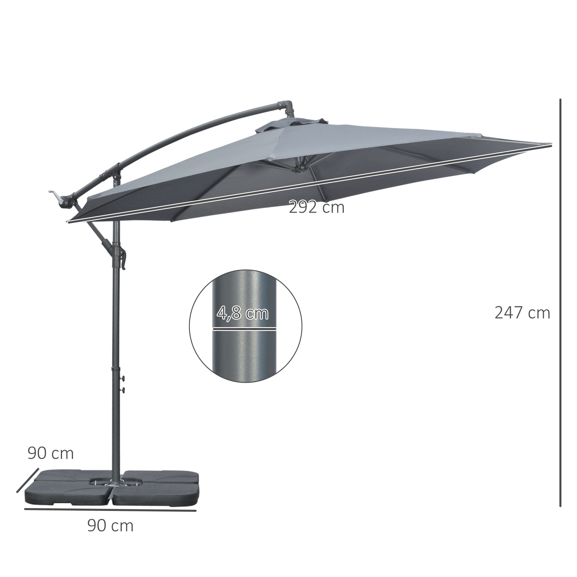 Cantilever Umbrella, Ø2.92m Patio Umbrella with Hand Crank, Weights, Umbrella Cover, Cross Base, Market Umbrella for Balcony, Steel, Oxford Dark Grey