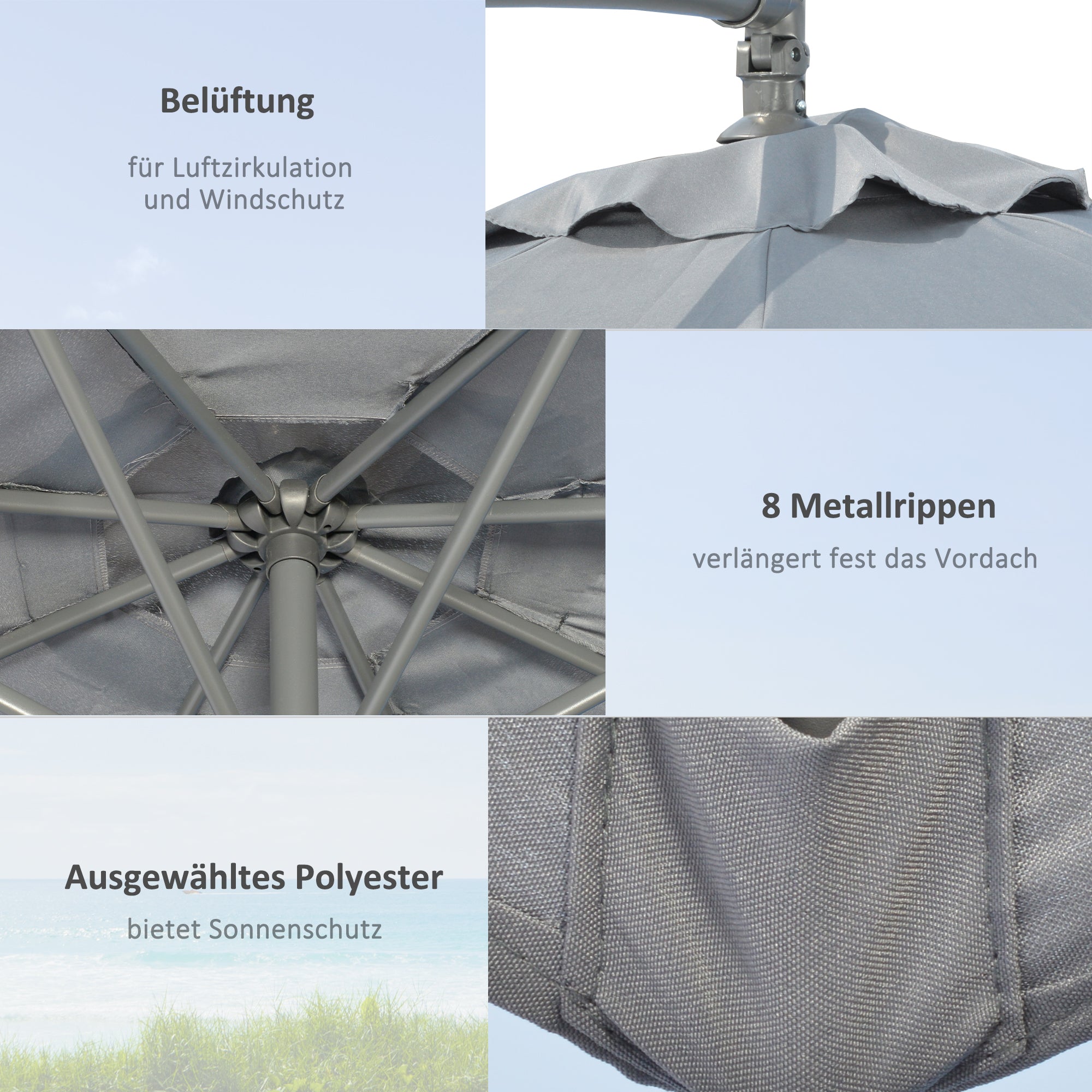 Cantilever Umbrella, Ø2.92m Patio Umbrella with Hand Crank, Weights, Umbrella Cover, Cross Base, Market Umbrella for Balcony, Steel, Oxford Dark Grey