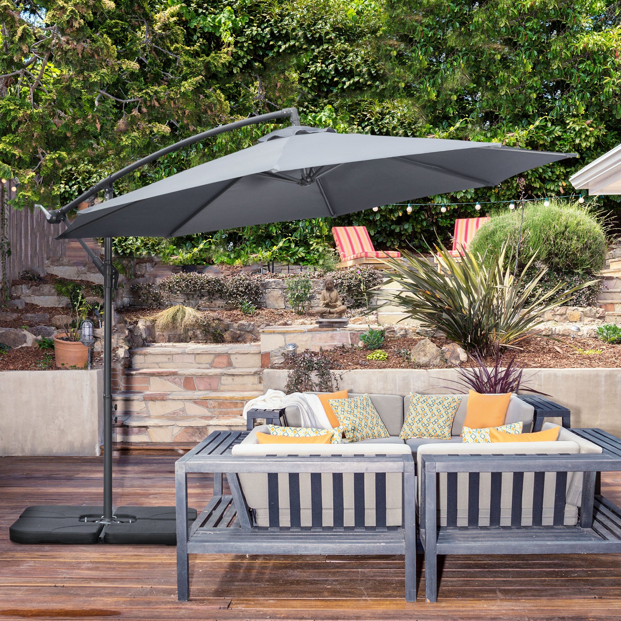 Cantilever Umbrella, Ø2.92m Patio Umbrella with Hand Crank, Weights, Umbrella Cover, Cross Base, Market Umbrella for Balcony, Steel, Oxford Dark Grey