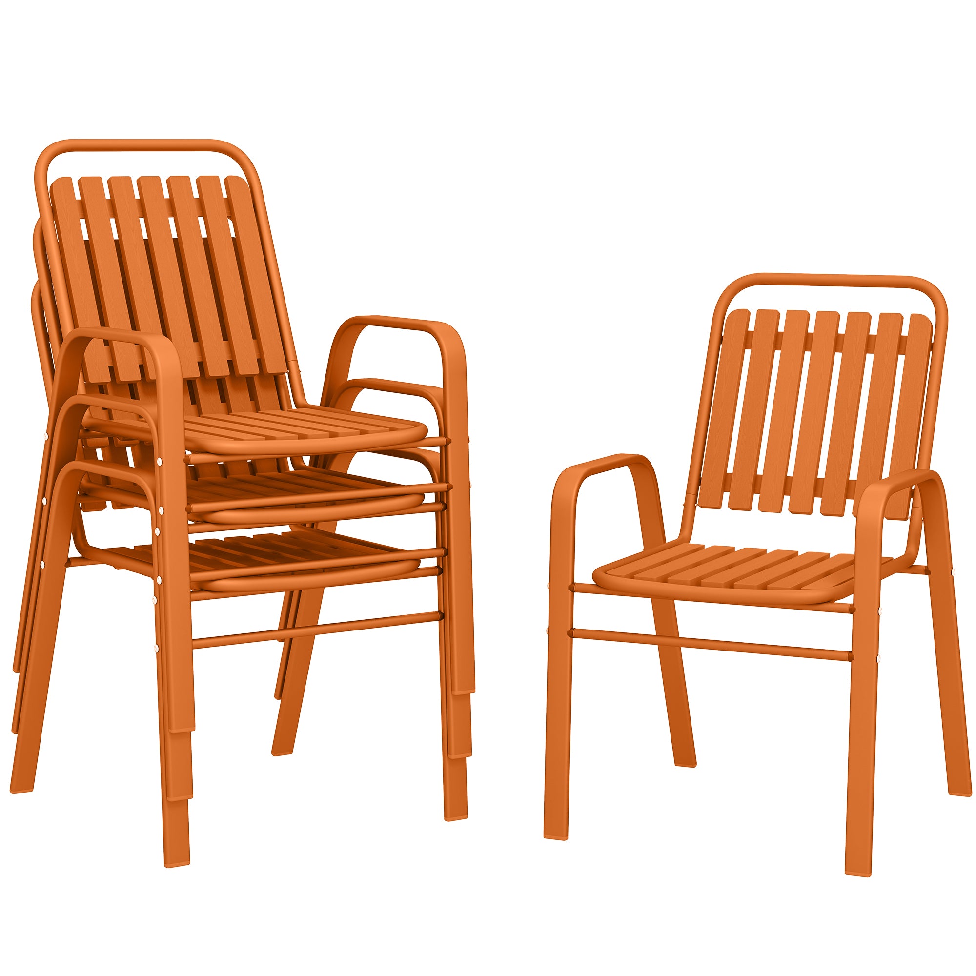 Set of 4 Outdoor Stackable Garden Chairs with High Back and Armrests, Steel Frame for Garden, Pool, Terrace, Orange