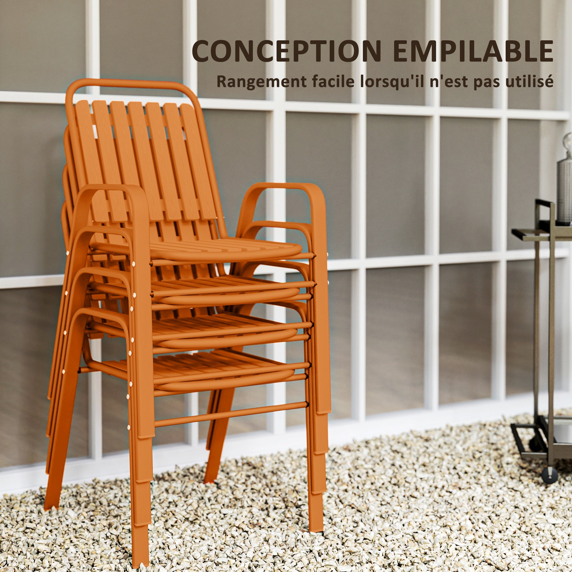 Set of 4 Outdoor Stackable Garden Chairs with High Back and Armrests, Steel Frame for Garden, Pool, Terrace, Orange