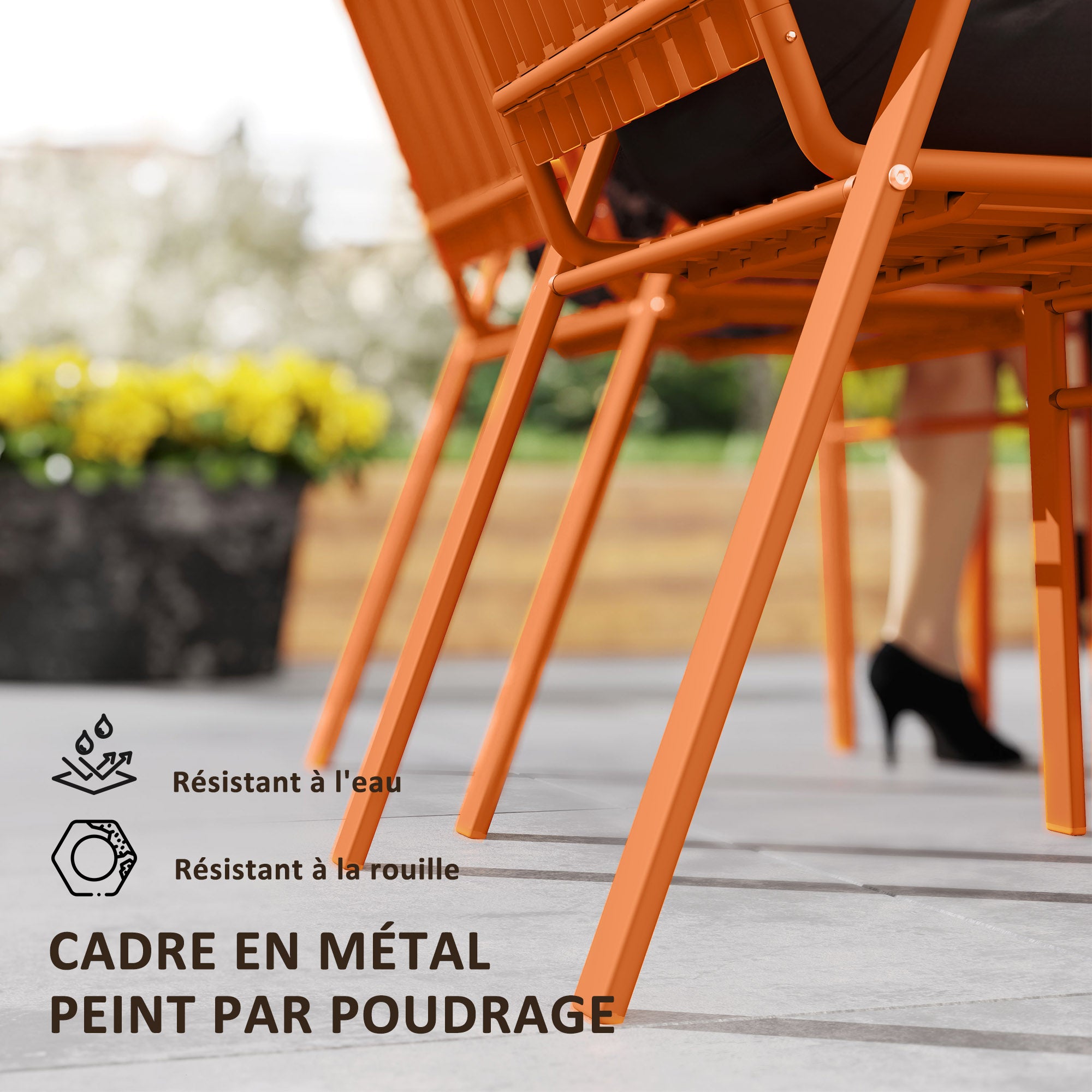 Set of 4 Outdoor Stackable Garden Chairs with High Back and Armrests, Steel Frame for Garden, Pool, Terrace, Orange