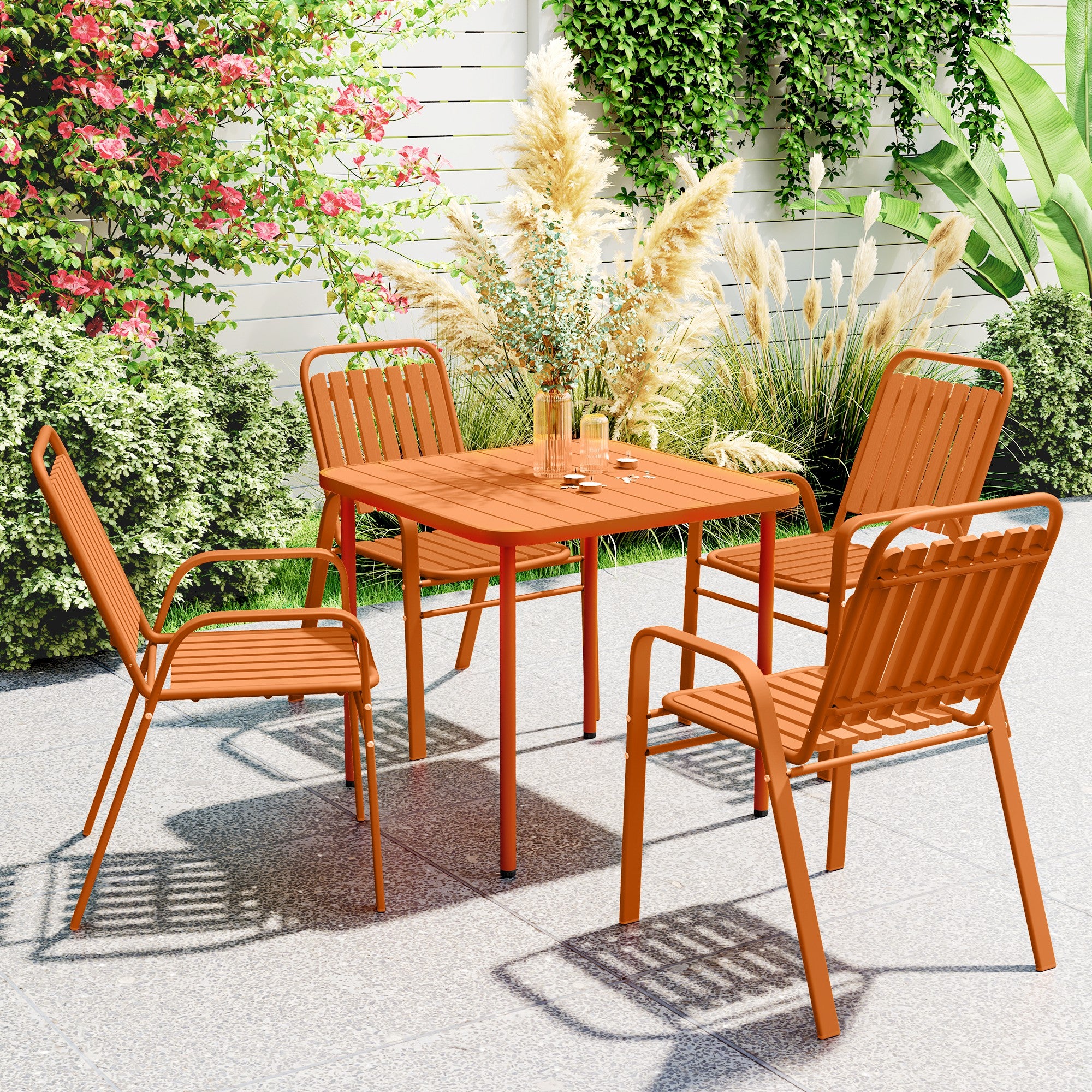 Set of 4 Outdoor Stackable Garden Chairs with High Back and Armrests, Steel Frame for Garden, Pool, Terrace, Orange