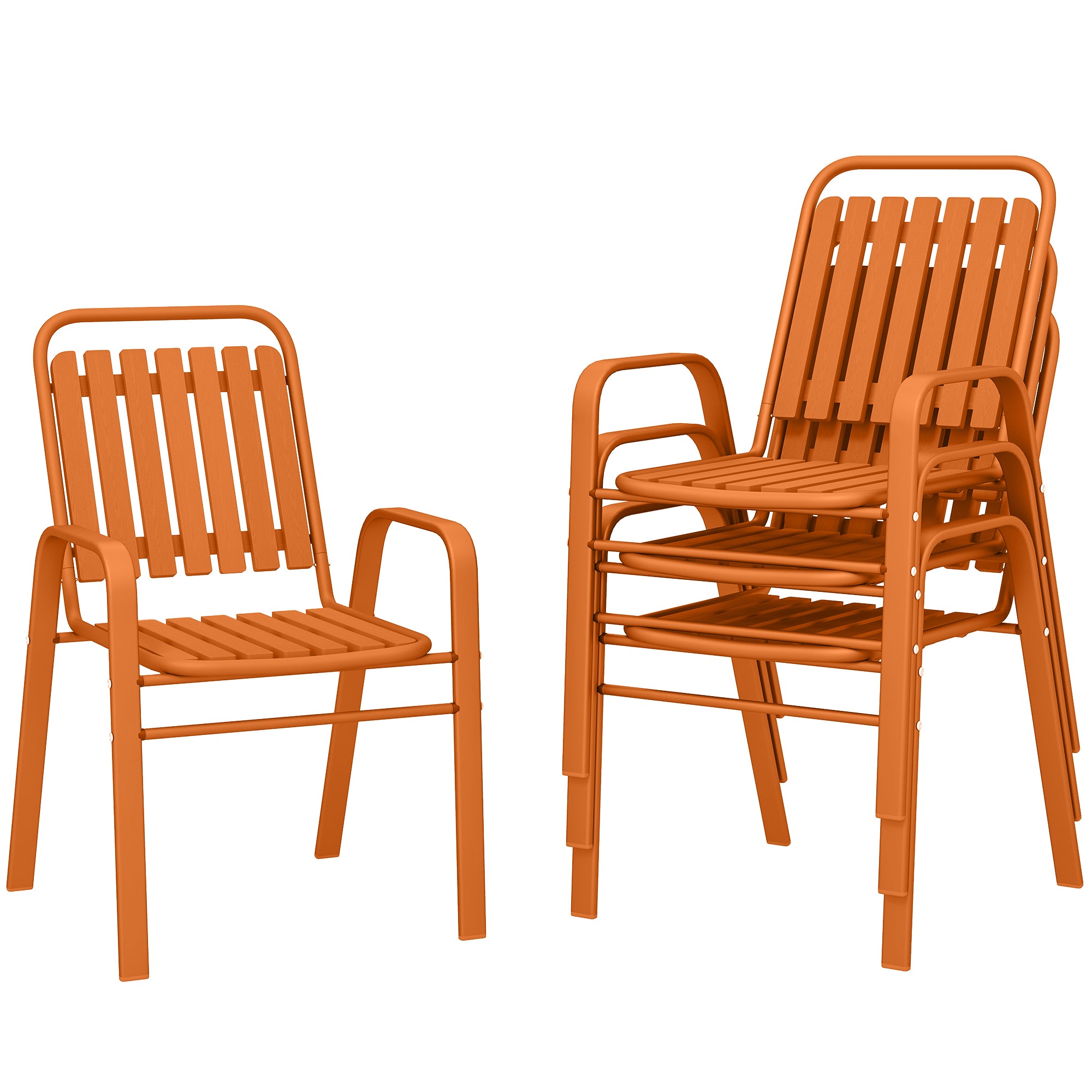 Set of 4 Outdoor Stackable Garden Chairs with High Back and Armrests, Steel Frame for Garden, Pool, Terrace, Orange