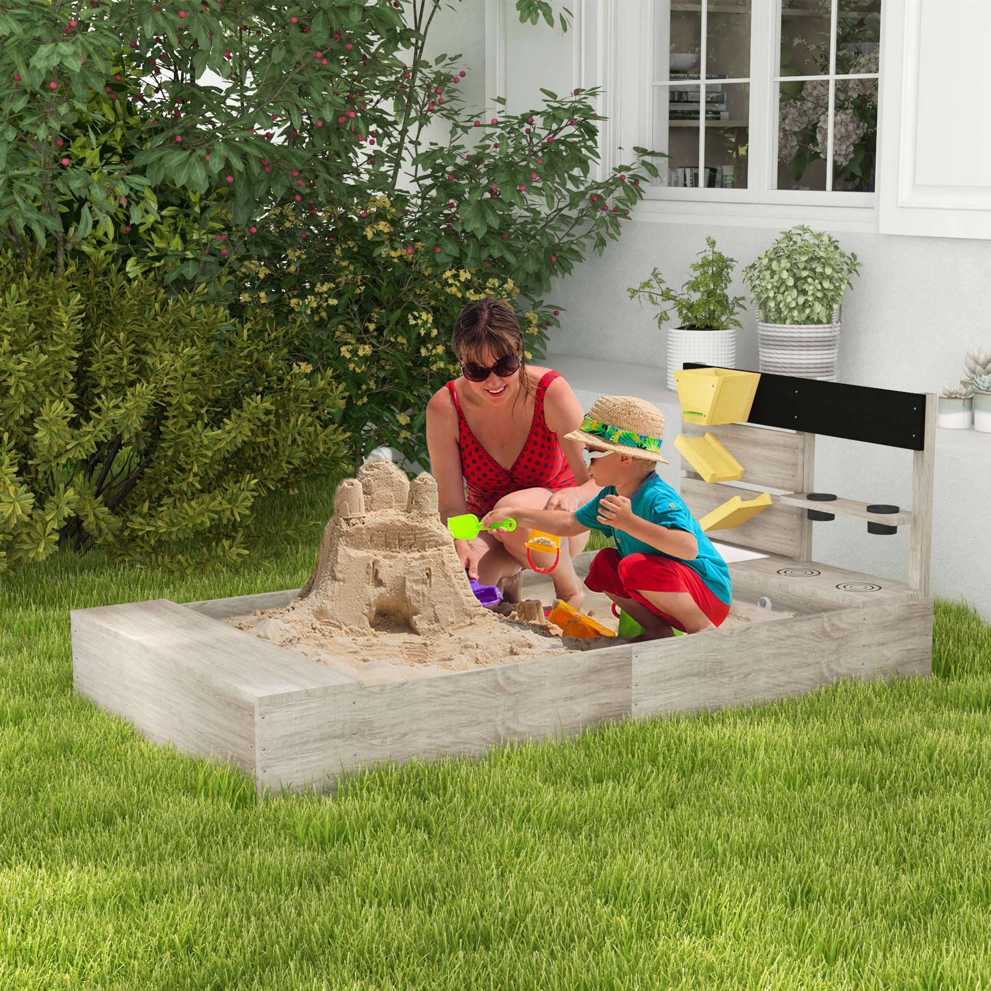 Sandbox with Kitchen Elements, Wooden Sandpit, 154 x 80 x 60 cm Sandbox Bottomless Design for 3-7 Year Olds Children, Garden, Gray
