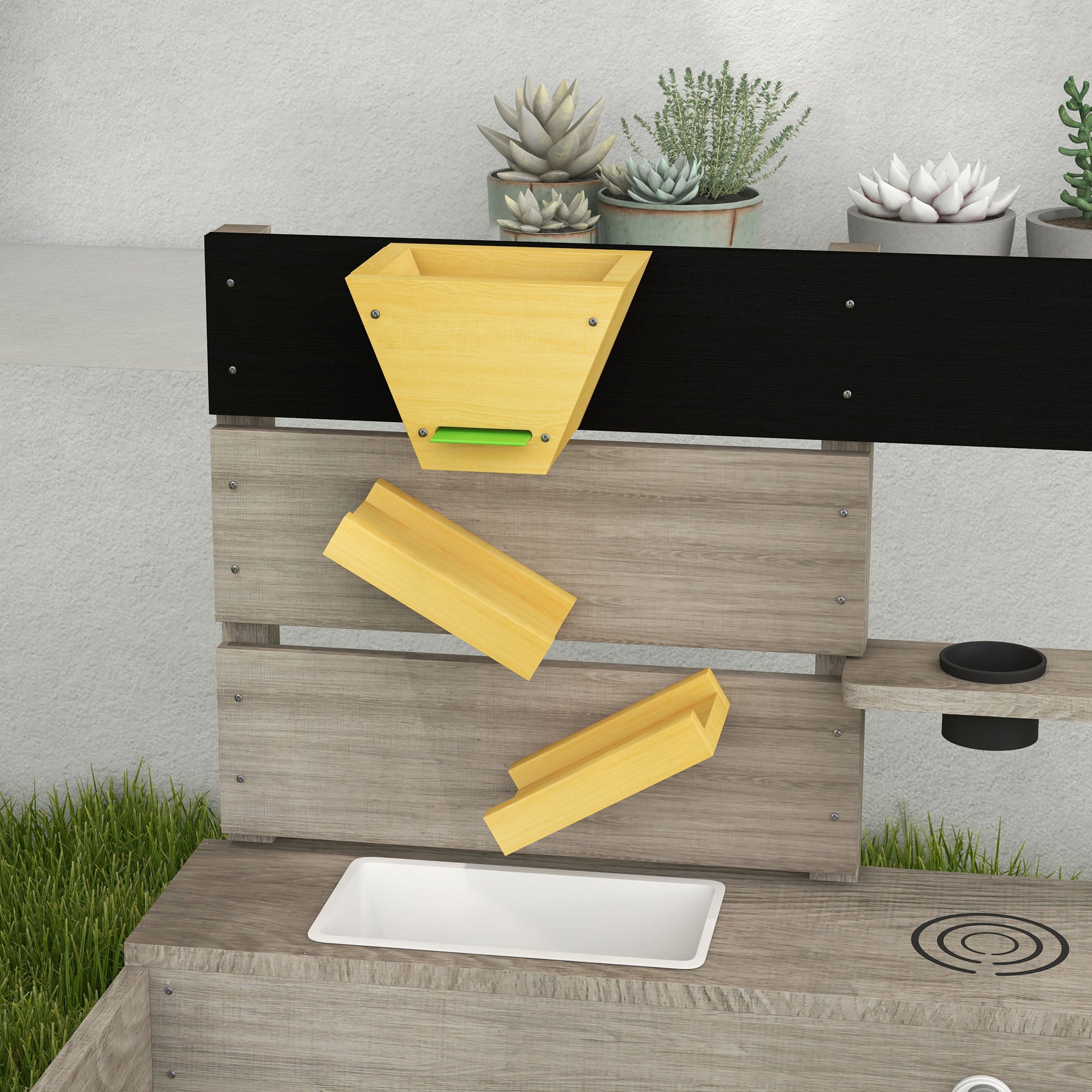 Sandbox with Kitchen Elements, Wooden Sandpit, 154 x 80 x 60 cm Sandbox Bottomless Design for 3-7 Year Olds Children, Garden, Gray