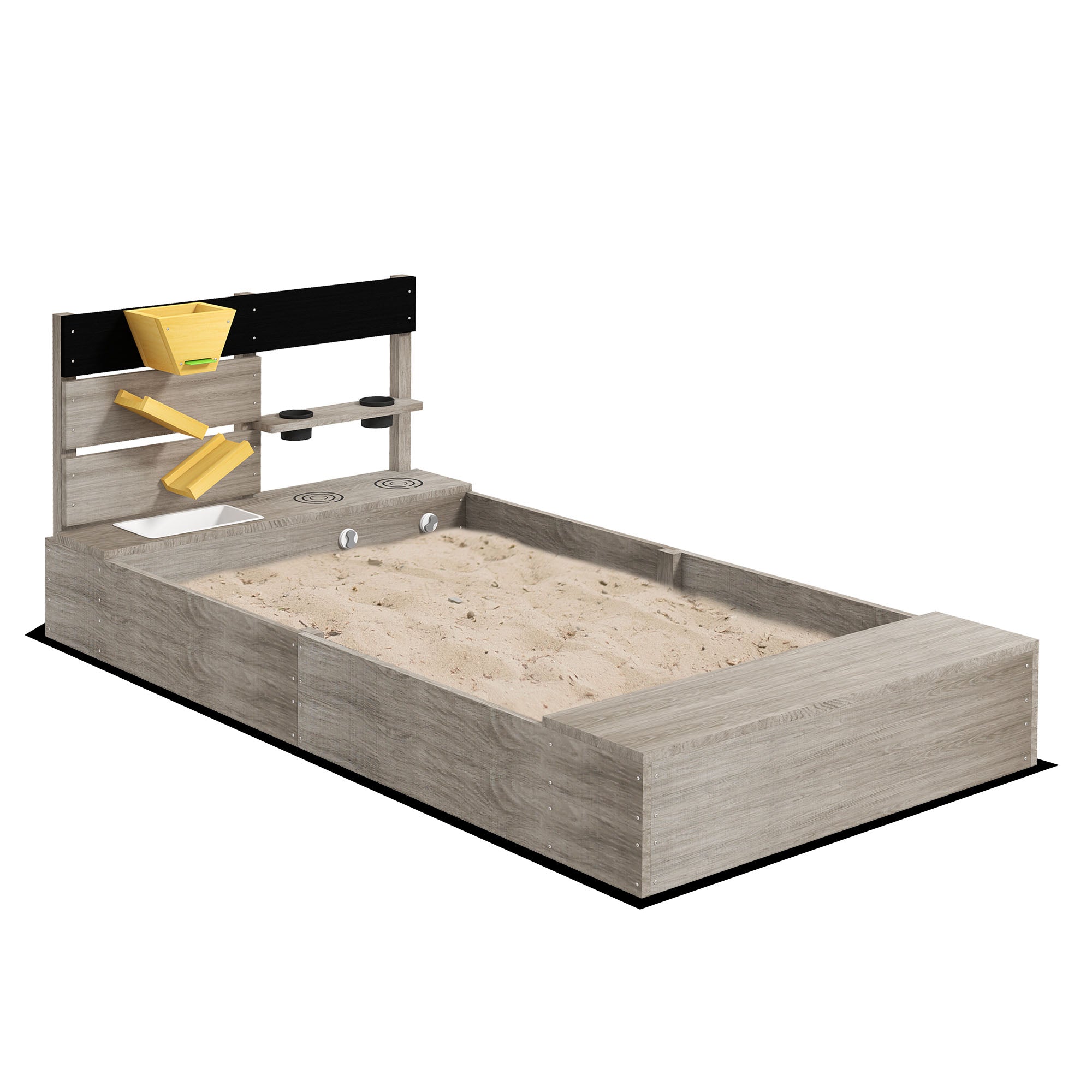 Sandbox with Kitchen Elements, Wooden Sandpit, 154 x 80 x 60 cm Sandbox Bottomless Design for 3-7 Year Olds Children, Garden, Gray