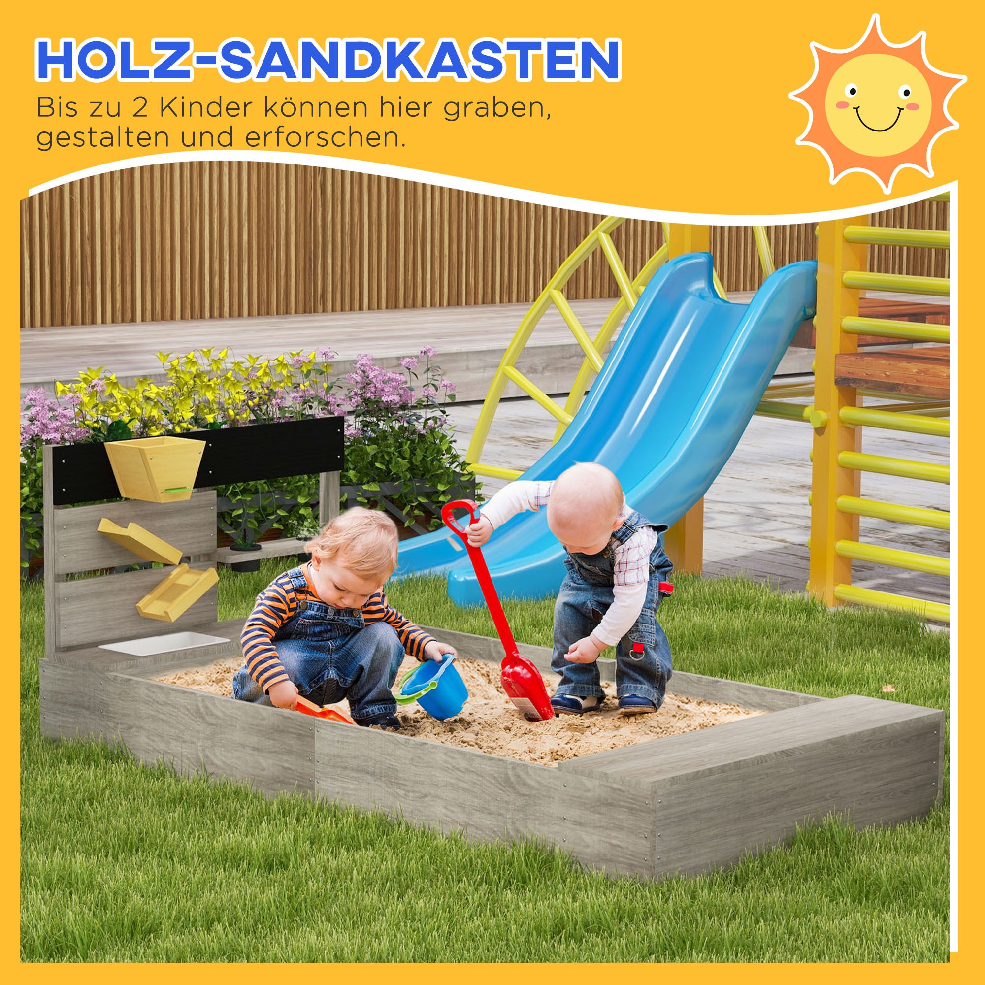 Sandbox with Kitchen Elements, Wooden Sandpit, 154 x 80 x 60 cm Sandbox Bottomless Design for 3-7 Year Olds Children, Garden, Gray