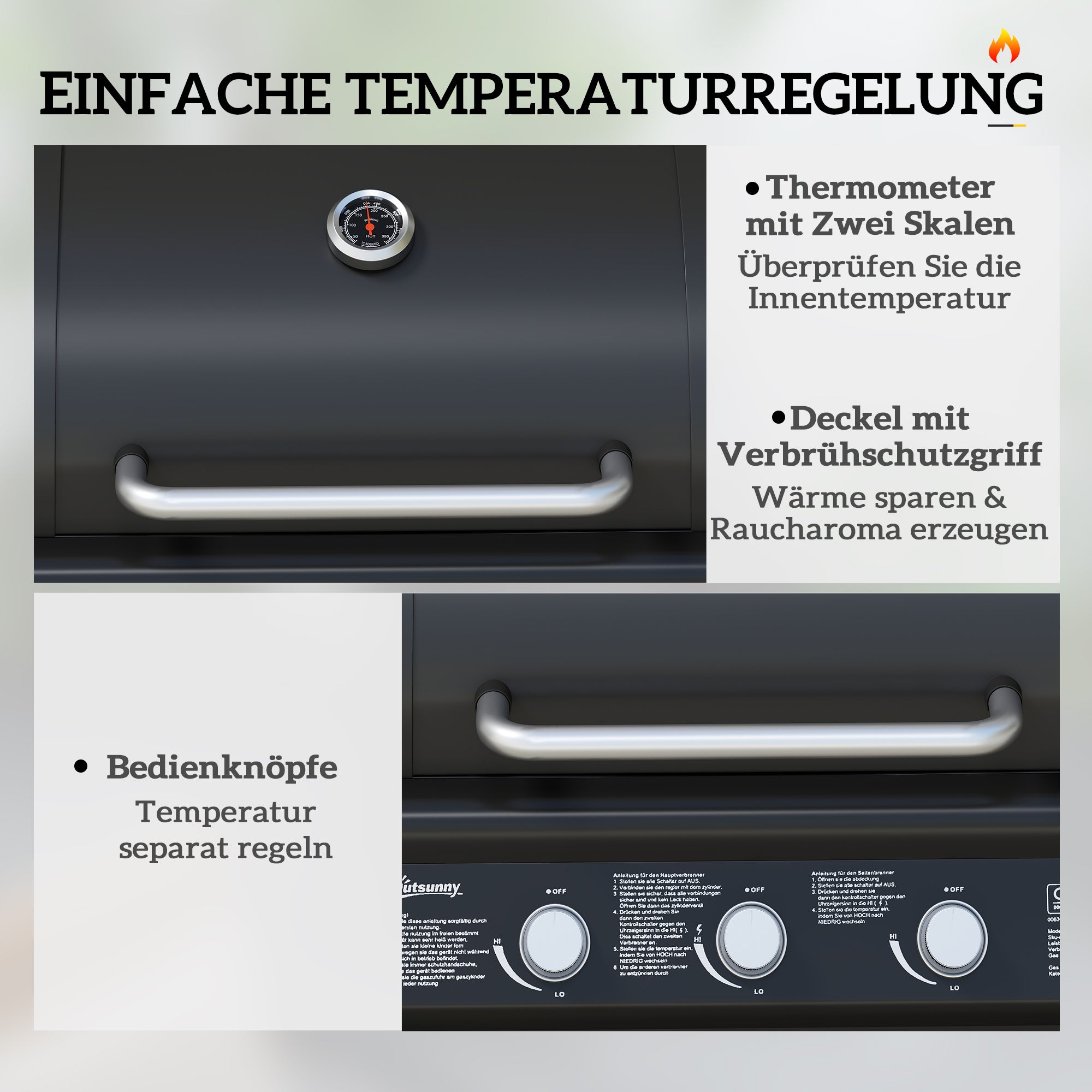 12.2 kW (≈41,600 BTU) 3+1-Burner Gas BBQ Cart, Stainless Steel with Wheels, Side Burner, Thermometer, Warming Rack, Side Shelf — 118.5 x 56 x 110 cm (46.7 x 22.0 x 43.3 in)