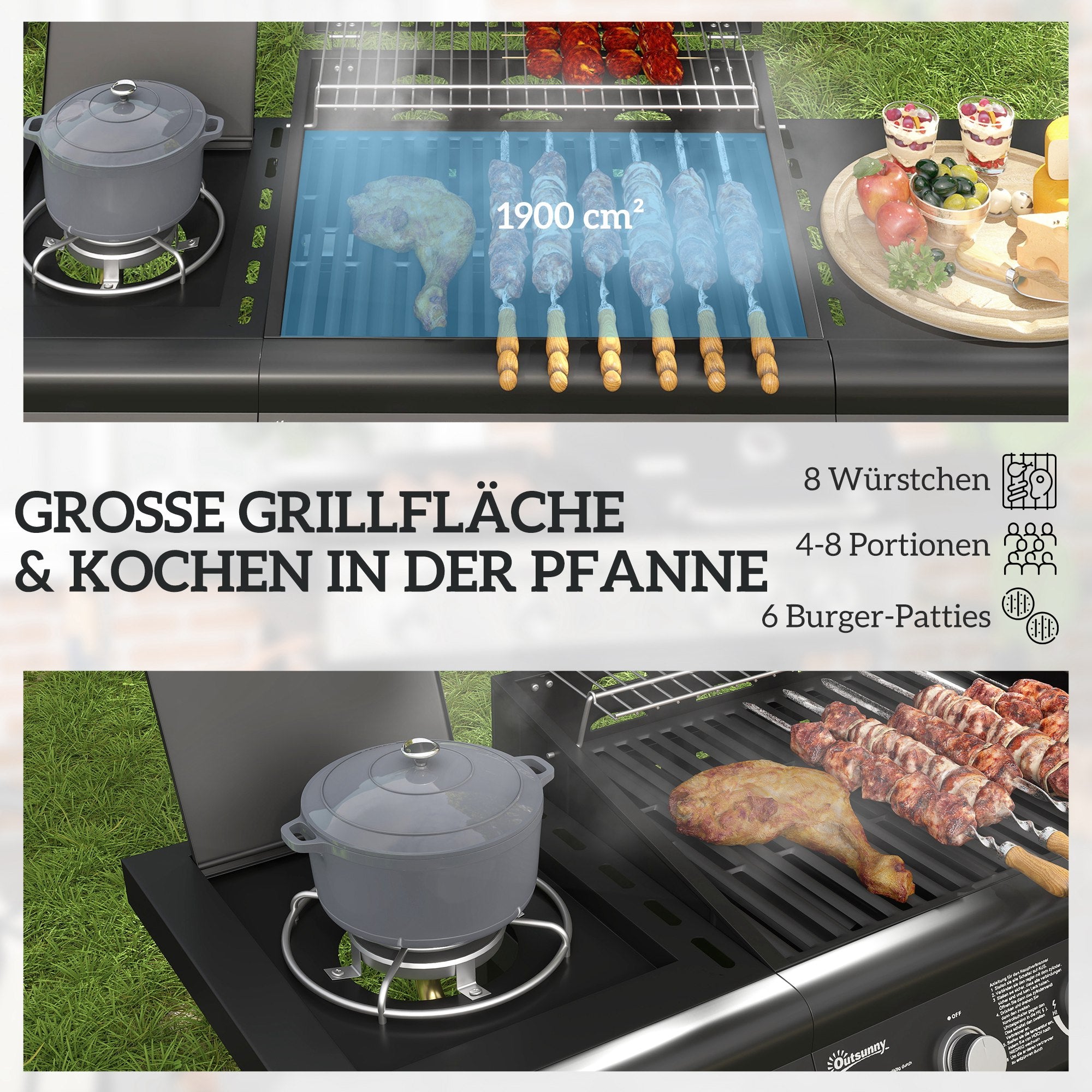 12.2 kW (≈41,600 BTU) 3+1-Burner Gas BBQ Cart, Stainless Steel with Wheels, Side Burner, Thermometer, Warming Rack, Side Shelf — 118.5 x 56 x 110 cm (46.7 x 22.0 x 43.3 in)