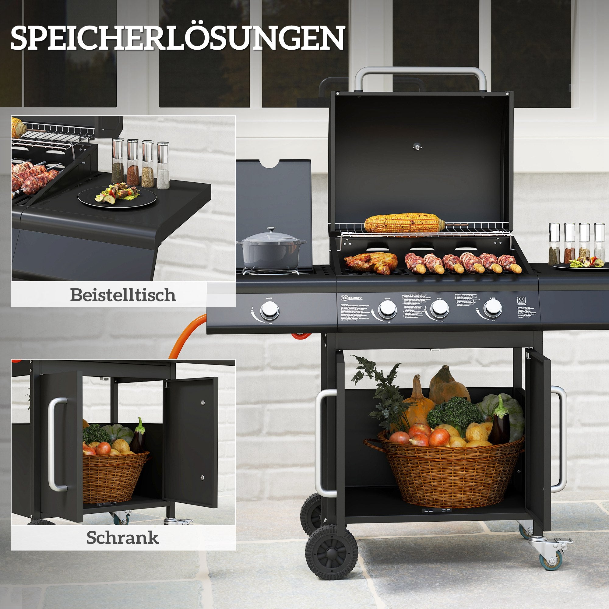 12.2 kW (≈41,600 BTU) 3+1-Burner Gas BBQ Cart, Stainless Steel with Wheels, Side Burner, Thermometer, Warming Rack, Side Shelf — 118.5 x 56 x 110 cm (46.7 x 22.0 x 43.3 in)