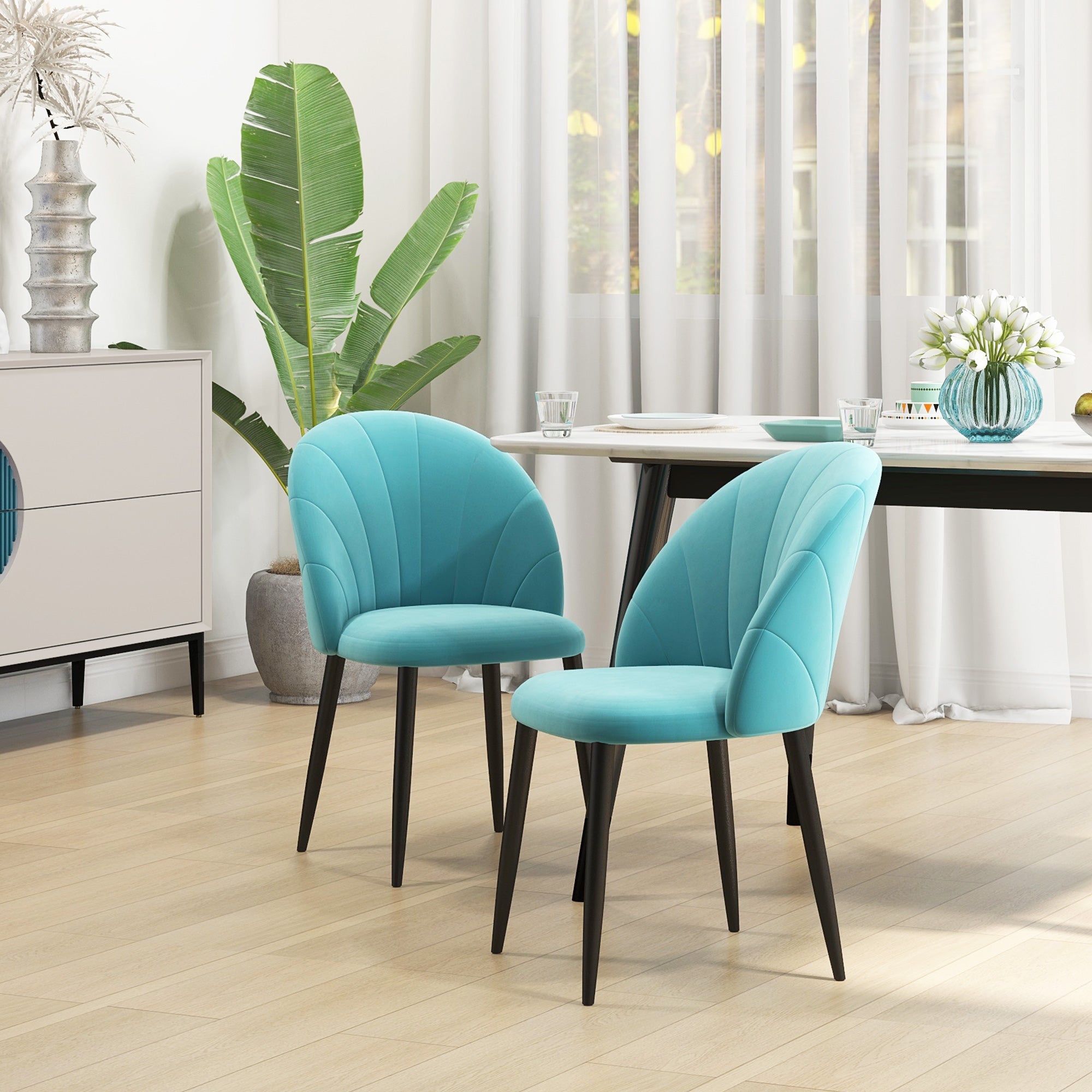 Set of 2 Velvet Dining Room Chairs, Kitchen and Living Room Chairs with Metal Legs and Shell Back, Beige