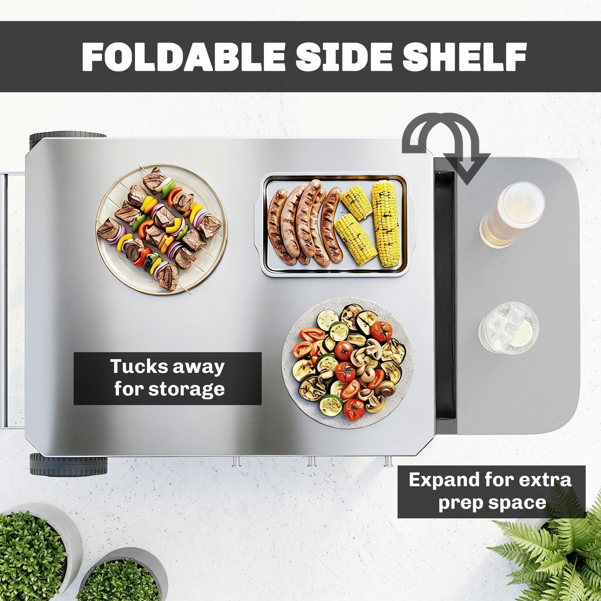 Stainless Steel Kitchen & BBQ Cart with Wheels, Foldable Side Table, Paper Towel & Towel Holder, Hooks — Black (45.3" x 26.6" x 31.7")
