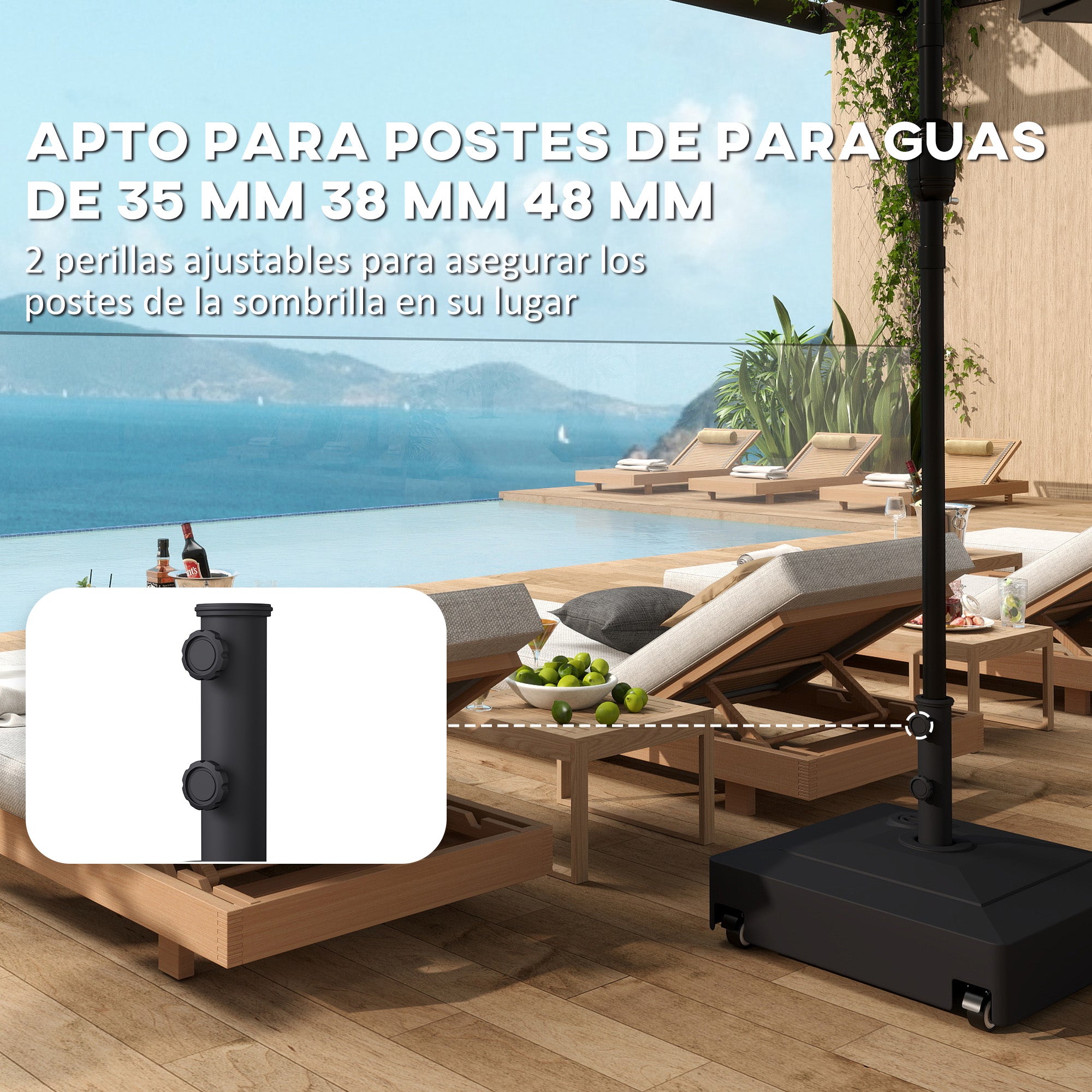 Square Umbrella Base with Wheels – HDPE Parasol Stand, Fits Ø35/38/48 mm, Fillable (61 kg sand / 40 kg water) – Black