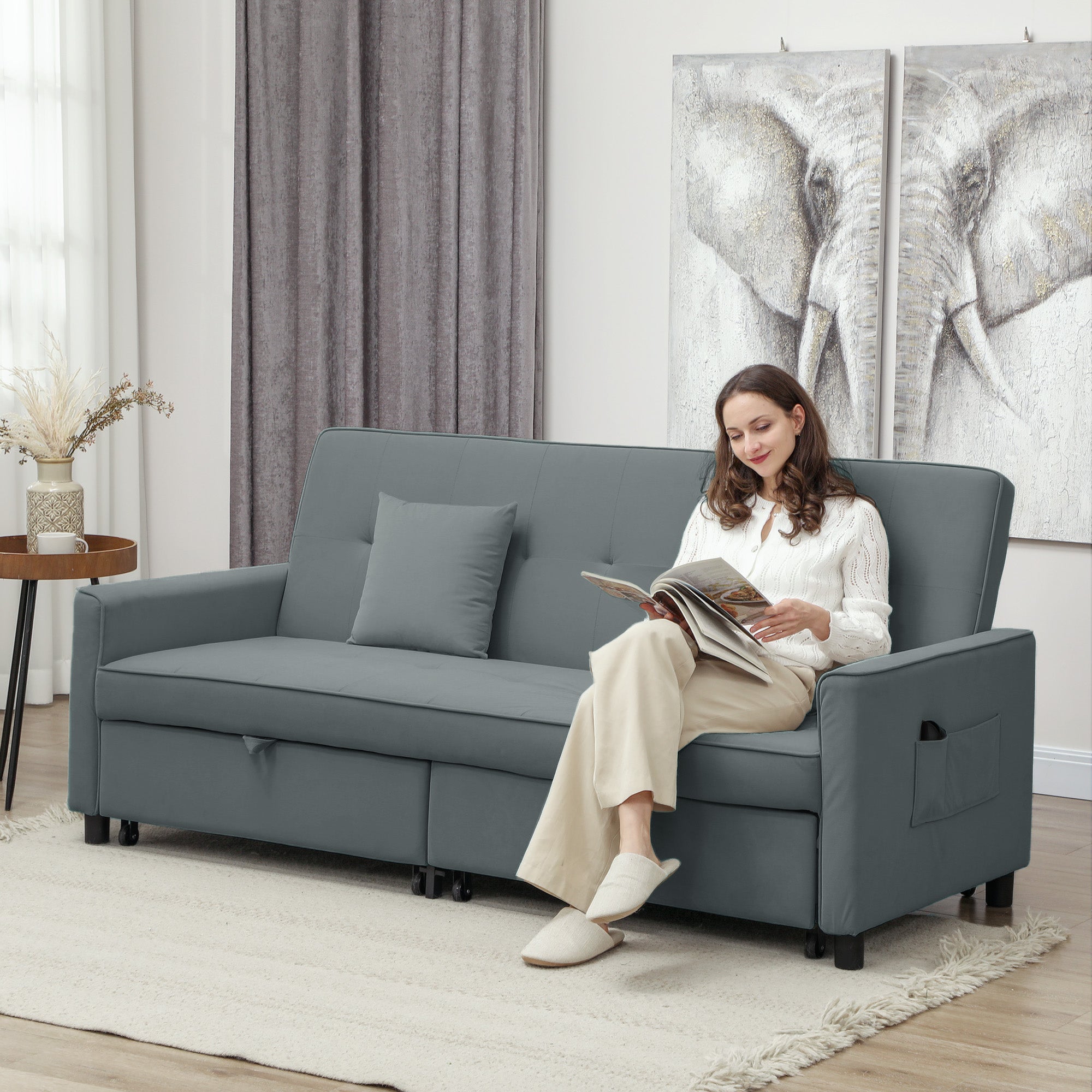3-Seater Convertible Sofa Bed Reversible Clic-Clac Sofa with Adjustable Back and Cushions, Modern Velvet-Look Fabric Sofa for Living Room, Guest Room, Gray