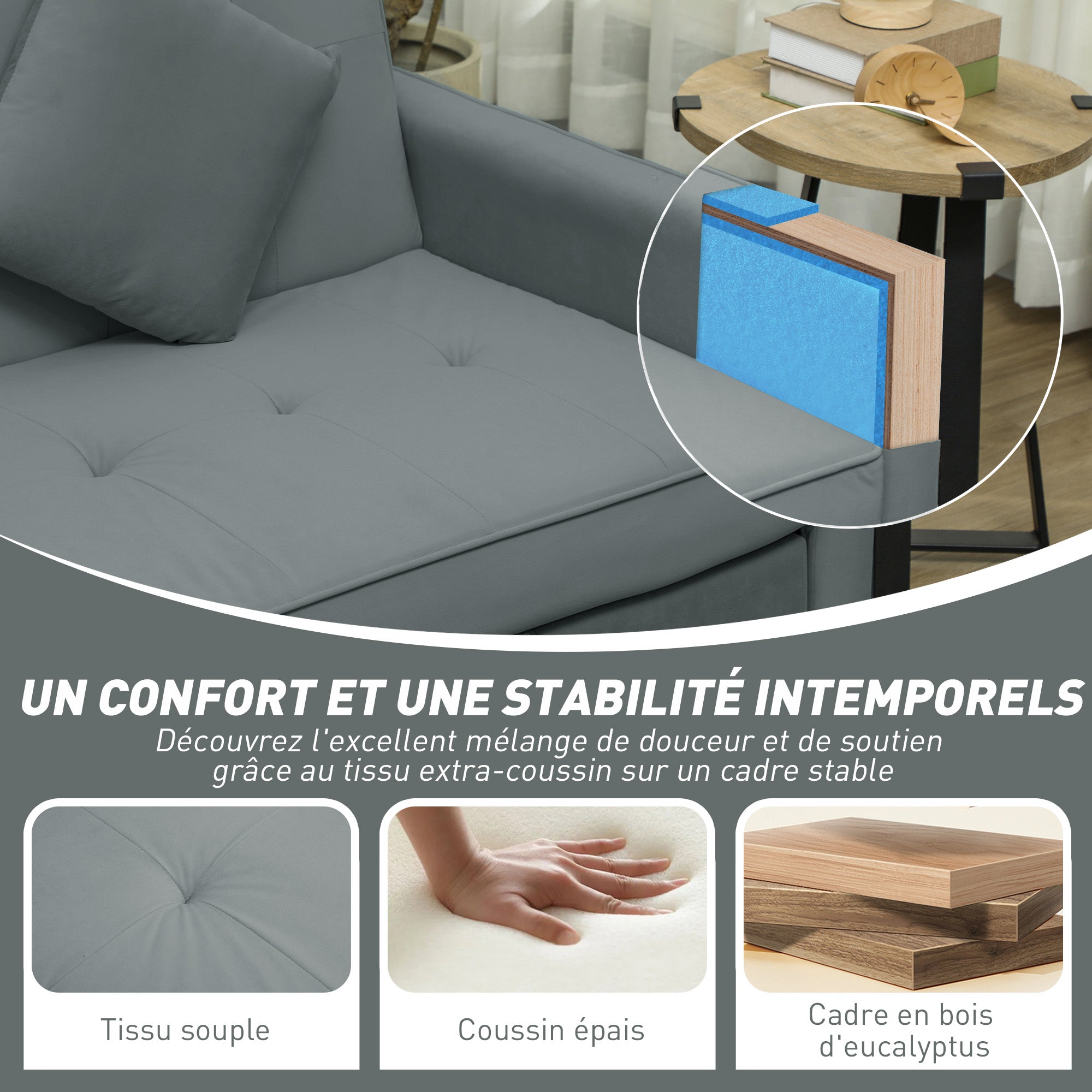 3-Seater Convertible Sofa Bed Reversible Clic-Clac Sofa with Adjustable Back and Cushions, Modern Velvet-Look Fabric Sofa for Living Room, Guest Room, Gray