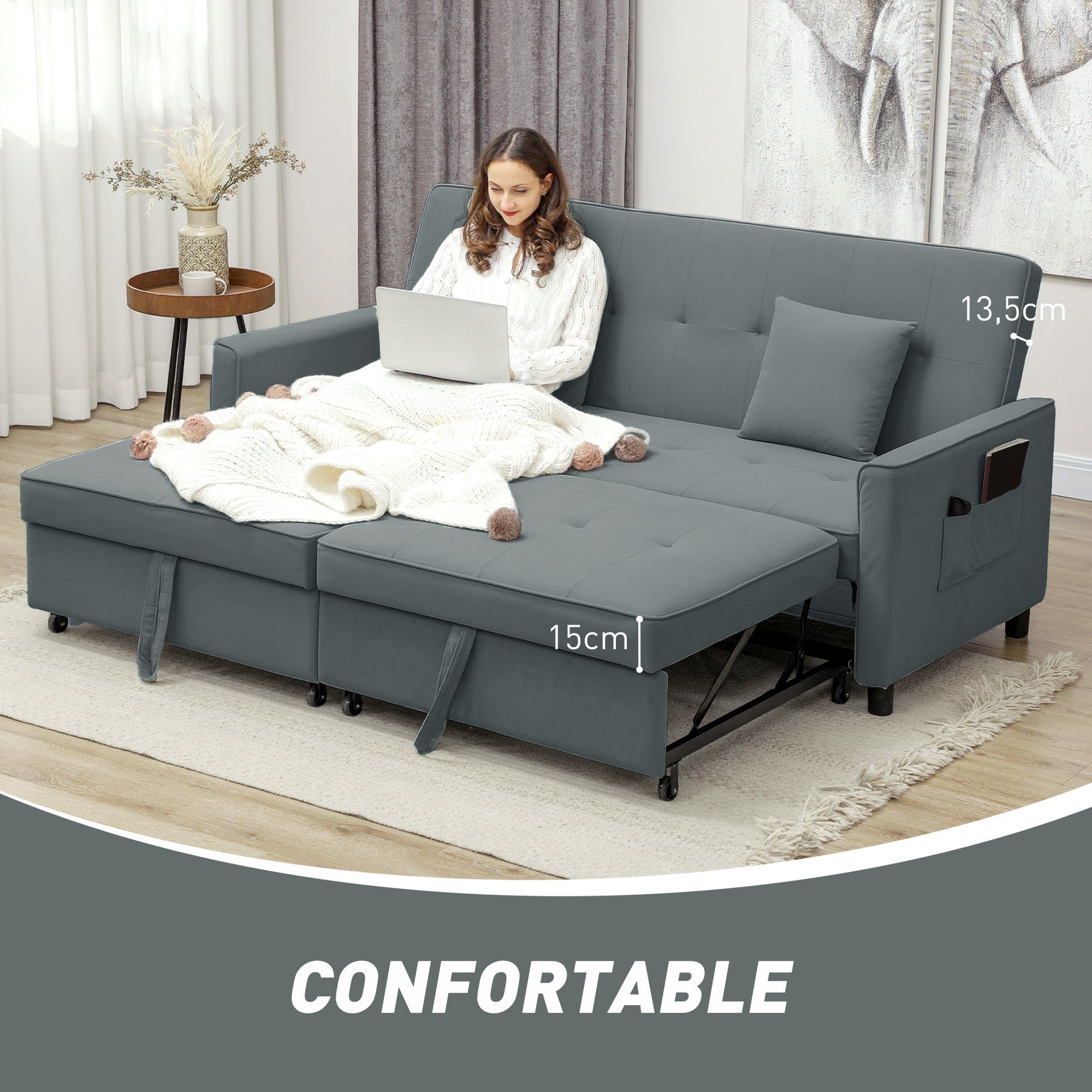3-Seater Convertible Sofa Bed Reversible Clic-Clac Sofa with Adjustable Back and Cushions, Modern Velvet-Look Fabric Sofa for Living Room, Guest Room, Gray