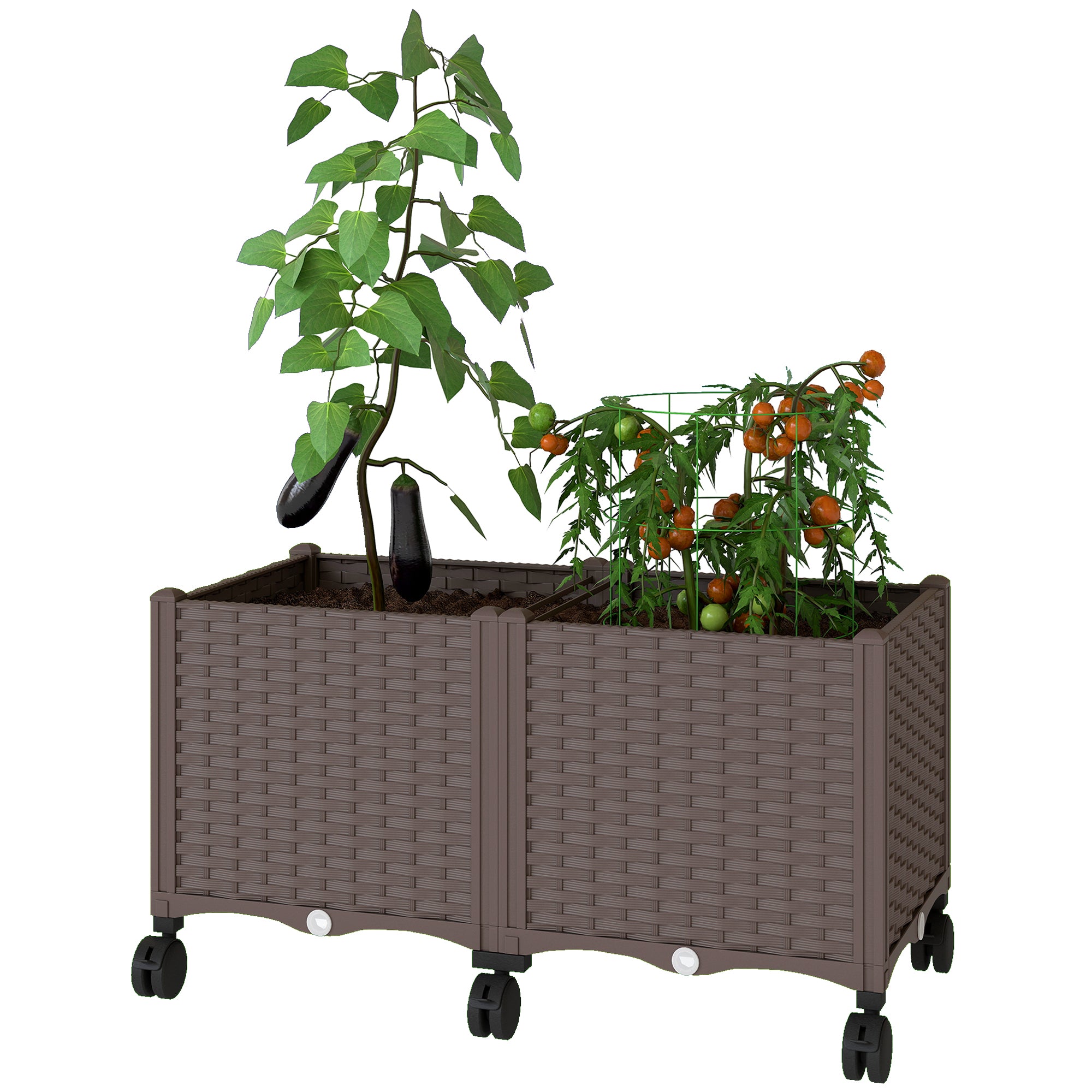 Raised Planter with 6 Wheels — Mobile Outdoor Plastic Planter with Self-Watering Reservoir & Drainage, 31.5×15.7×16.9 in, Brown
