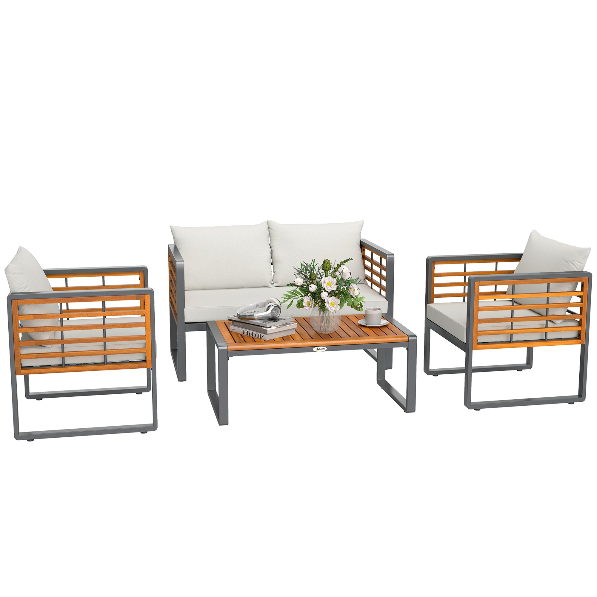 Acacia Wood Garden Furniture Set Seating Group for 4 Persons Garden Lounge with 2-Seater Sofa 2 Armchairs Cushions Side Table in Louvre Design Outdoor Balcony Furniture Patio Furniture for Garden Balcony Beige