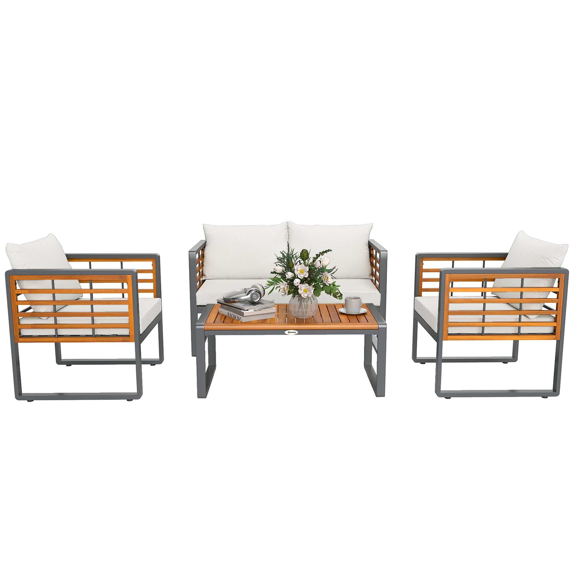 Acacia Wood Garden Furniture Set Seating Group for 4 Persons Garden Lounge with 2-Seater Sofa 2 Armchairs Cushions Side Table in Louvre Design Outdoor Balcony Furniture Patio Furniture for Garden Balcony Beige
