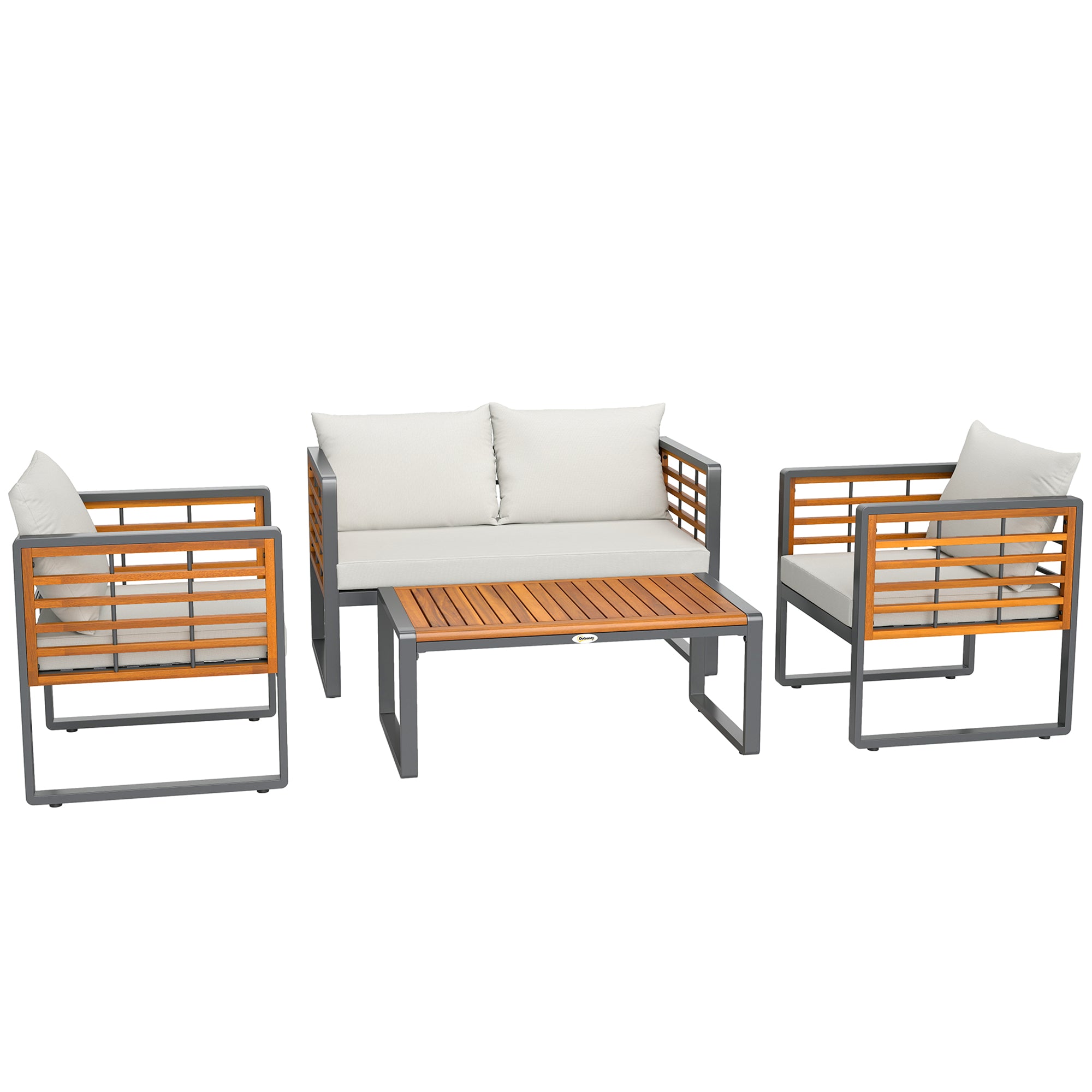 Acacia Wood Garden Furniture Set Seating Group for 4 Persons Garden Lounge with 2-Seater Sofa 2 Armchairs Cushions Side Table in Louvre Design Outdoor Balcony Furniture Patio Furniture for Garden Balcony Beige