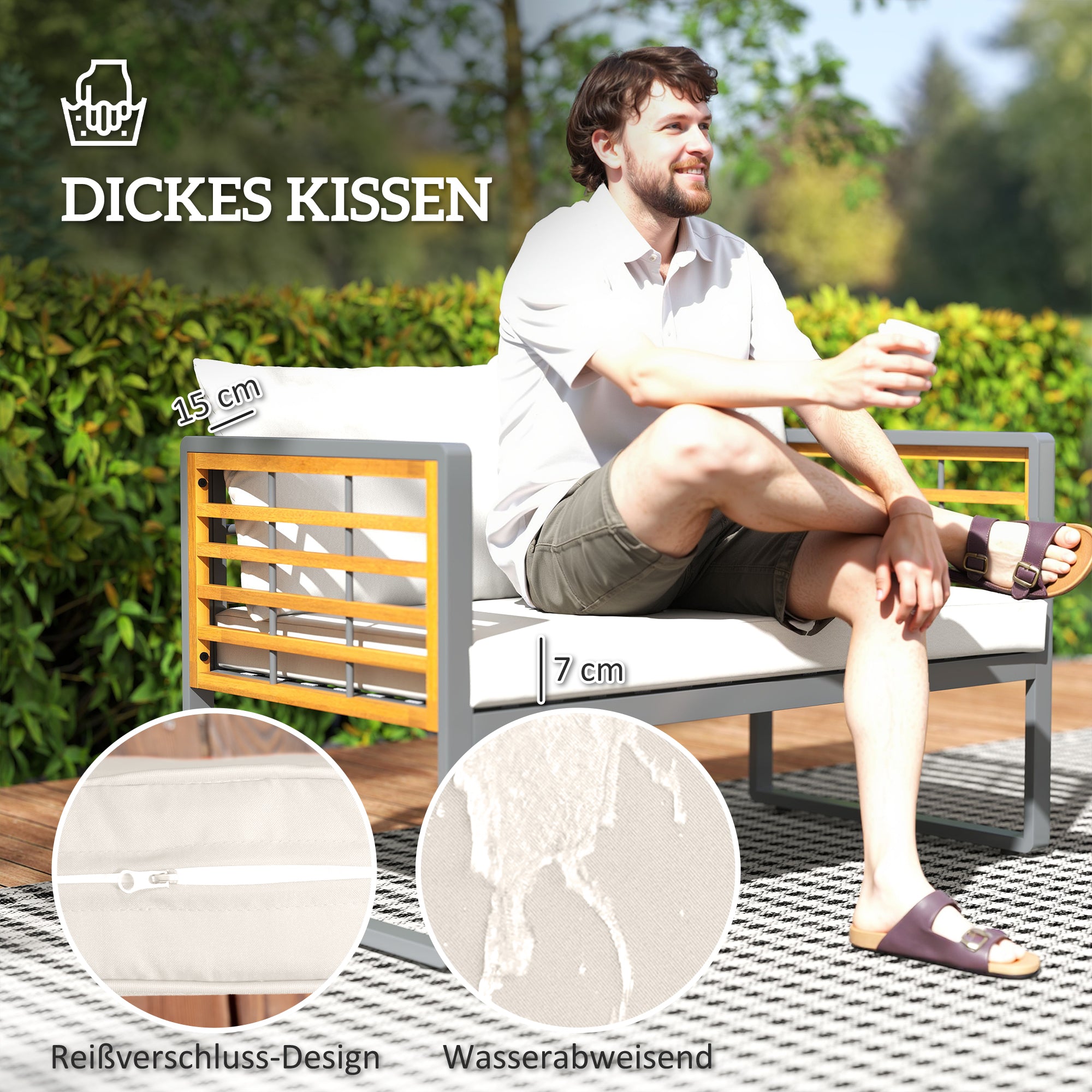 Acacia Wood Garden Furniture Set Seating Group for 4 Persons Garden Lounge with 2-Seater Sofa 2 Armchairs Cushions Side Table in Louvre Design Outdoor Balcony Furniture Patio Furniture for Garden Balcony Beige