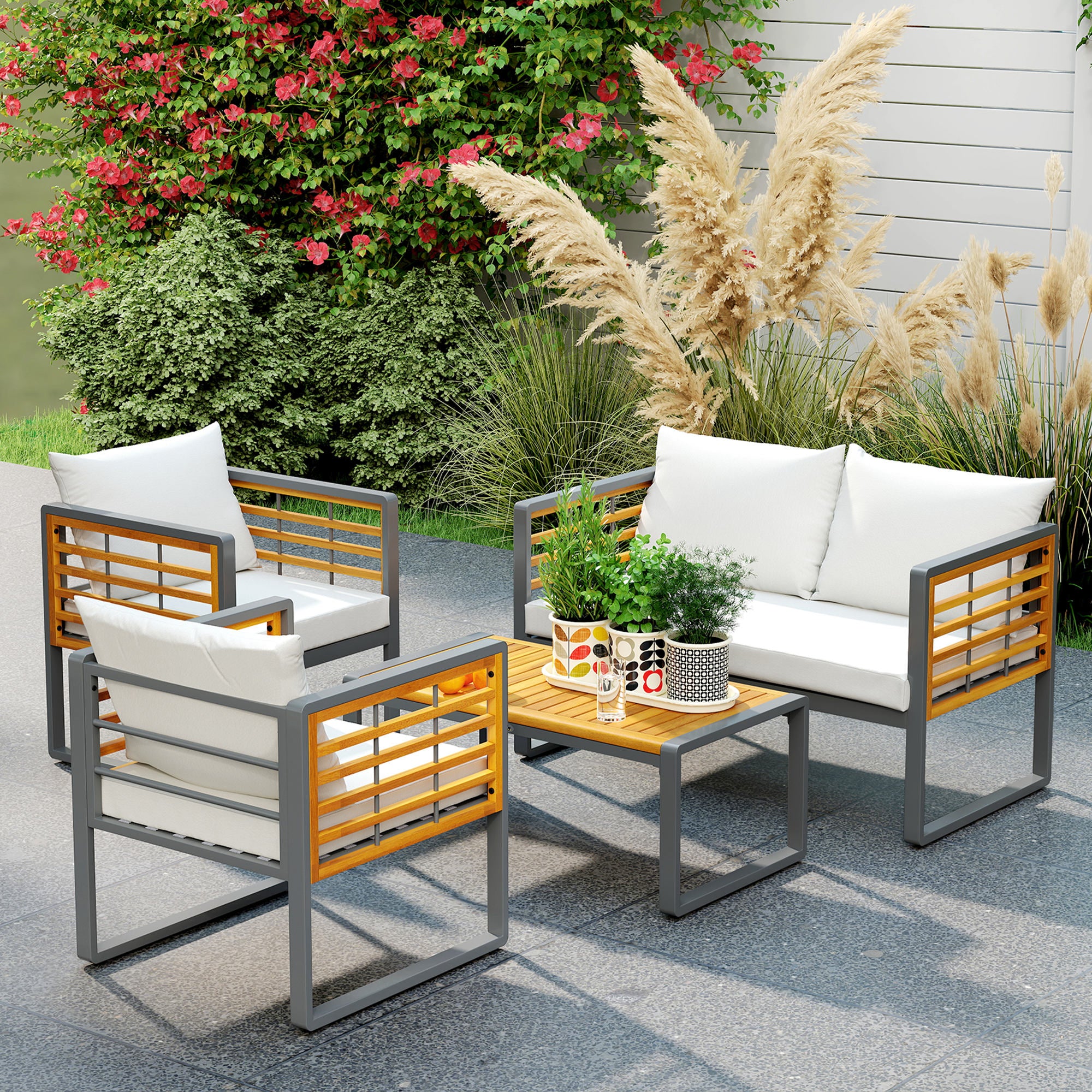 Acacia Wood Garden Furniture Set Seating Group for 4 Persons Garden Lounge with 2-Seater Sofa 2 Armchairs Cushions Side Table in Louvre Design Outdoor Balcony Furniture Patio Furniture for Garden Balcony Beige